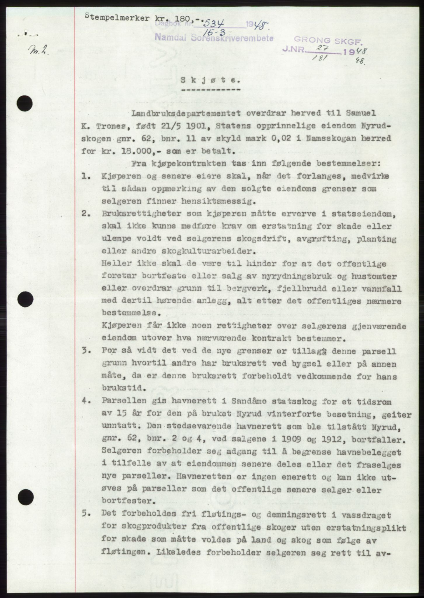 Namdal sorenskriveri, SAT/A-4133/1/2/2C: Pantebok nr. -, 1947-1948, Dagboknr: 534/1948