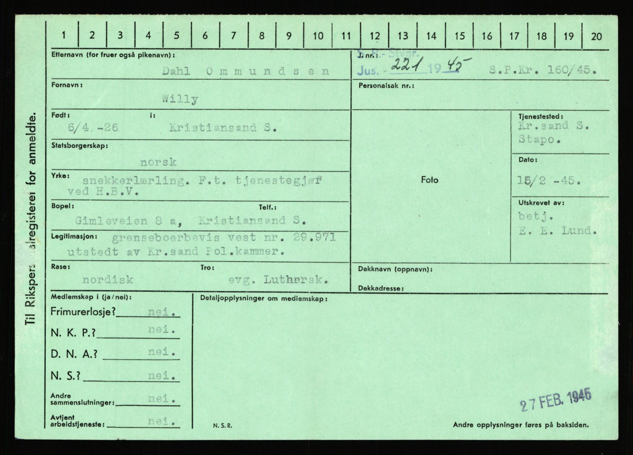 Statspolitiet - Hovedkontoret / Osloavdelingen, AV/RA-S-1329/C/Ca/L0012: Oanæs - Quistgaard	, 1943-1945, s. 2082