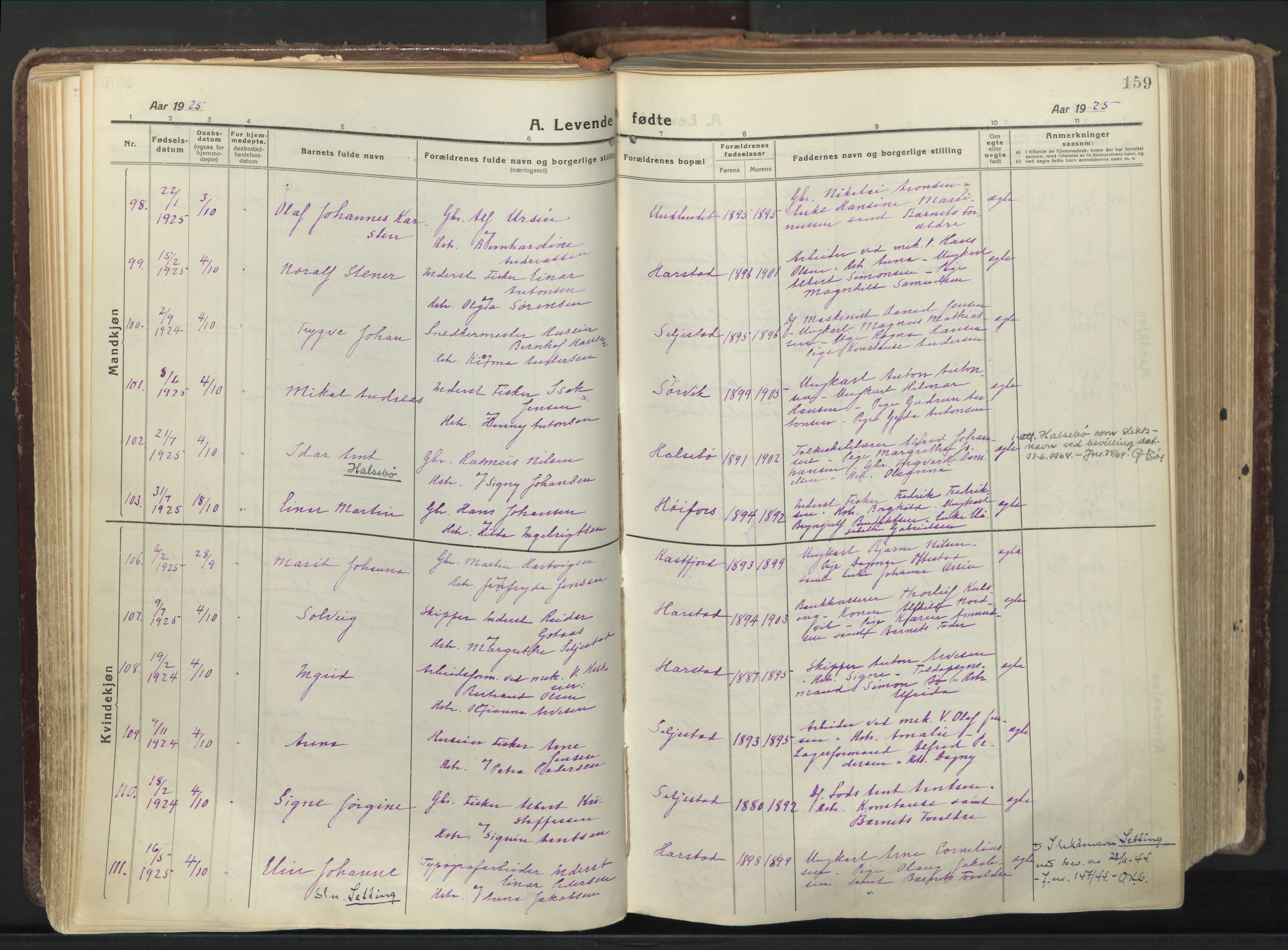 Trondenes sokneprestkontor, AV/SATØ-S-1319/H/Ha/L0019kirke: Ministerialbok nr. 19, 1919-1928, s. 159