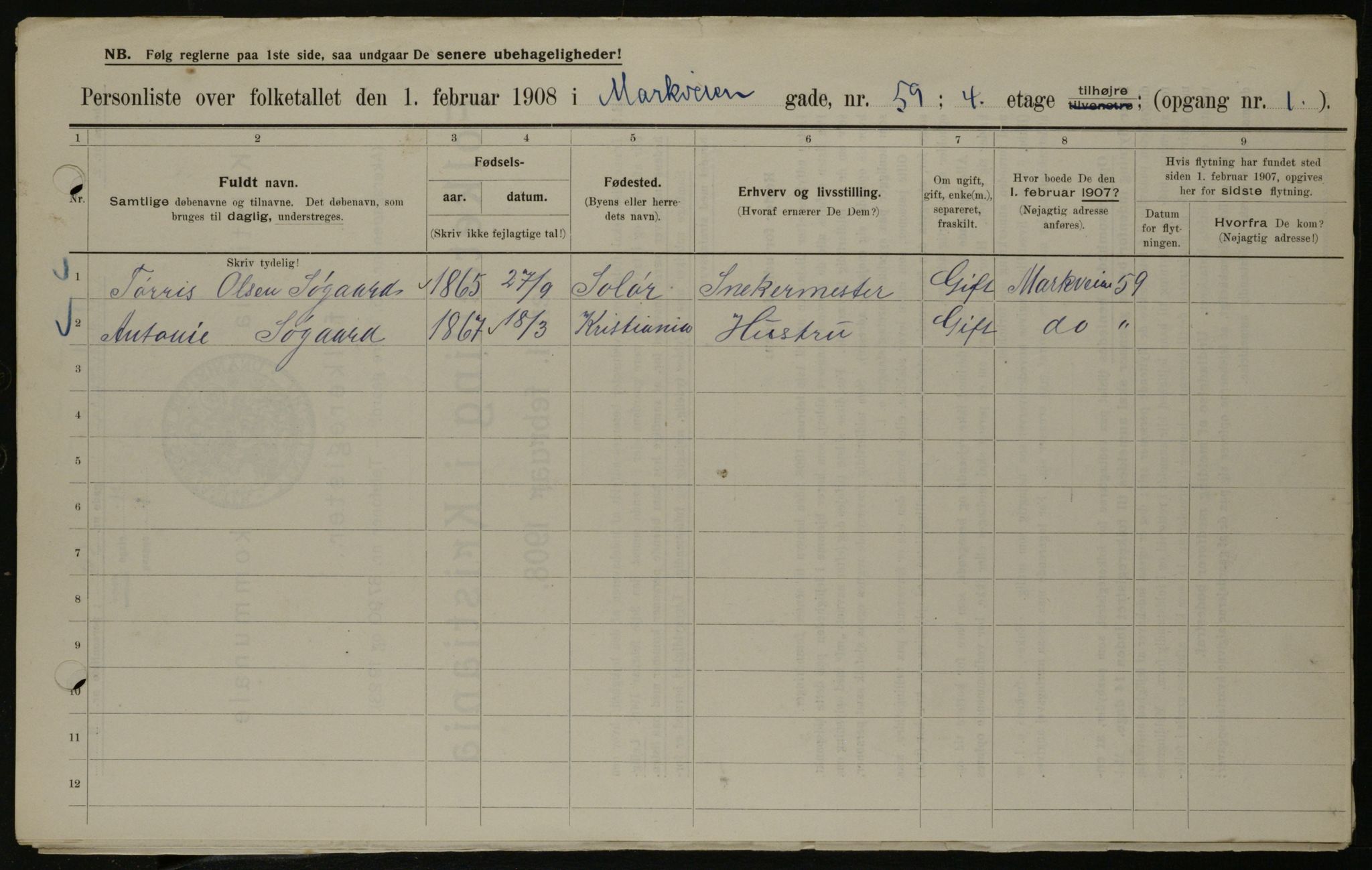 OBA, Kommunal folketelling 1.2.1908 for Kristiania kjøpstad, 1908, s. 57747
