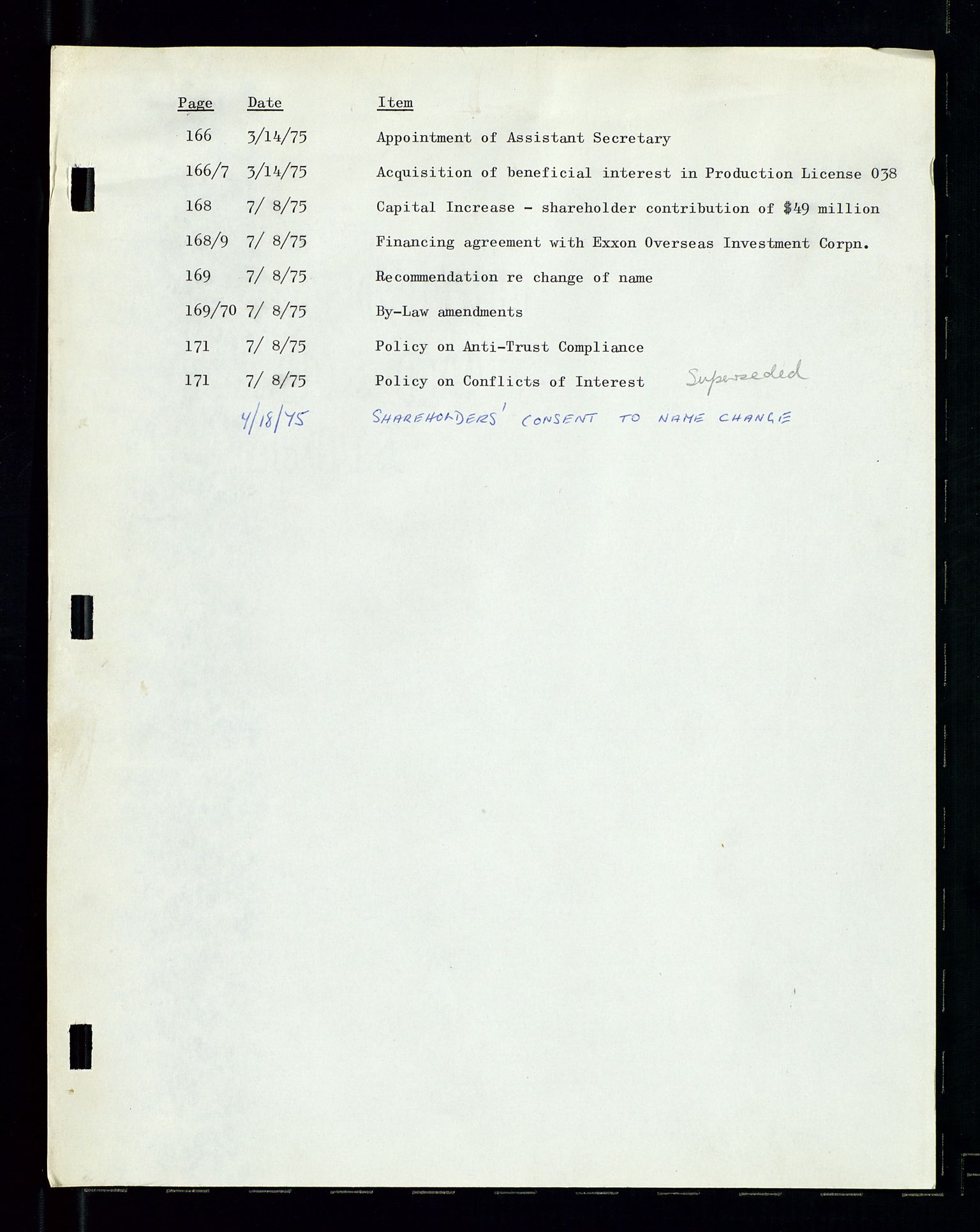 Pa 1512 - Esso Exploration and Production Norway Inc., SAST/A-101917/A/Aa/L0001/0001: Styredokumenter / Corporate records, By-Laws, Board meeting minutes, Incorporations, 1965-1975