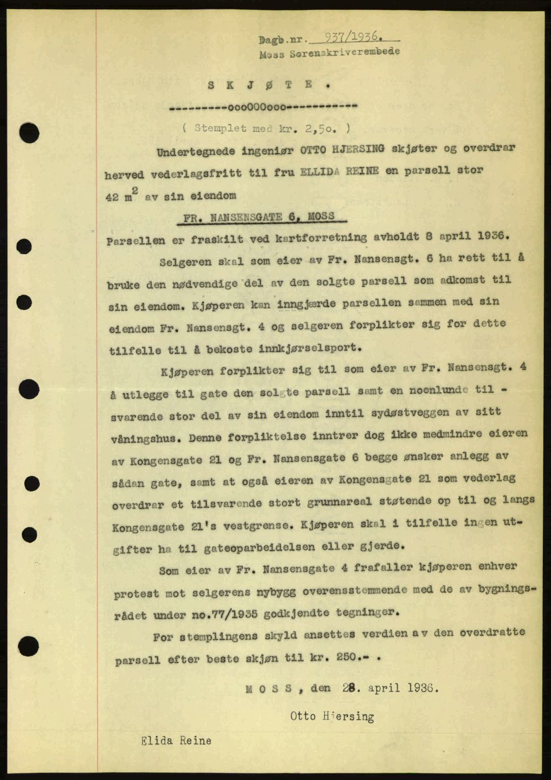 Moss sorenskriveri, SAO/A-10168: Pantebok nr. A1, 1936-1936, Dagboknr: 937/1936