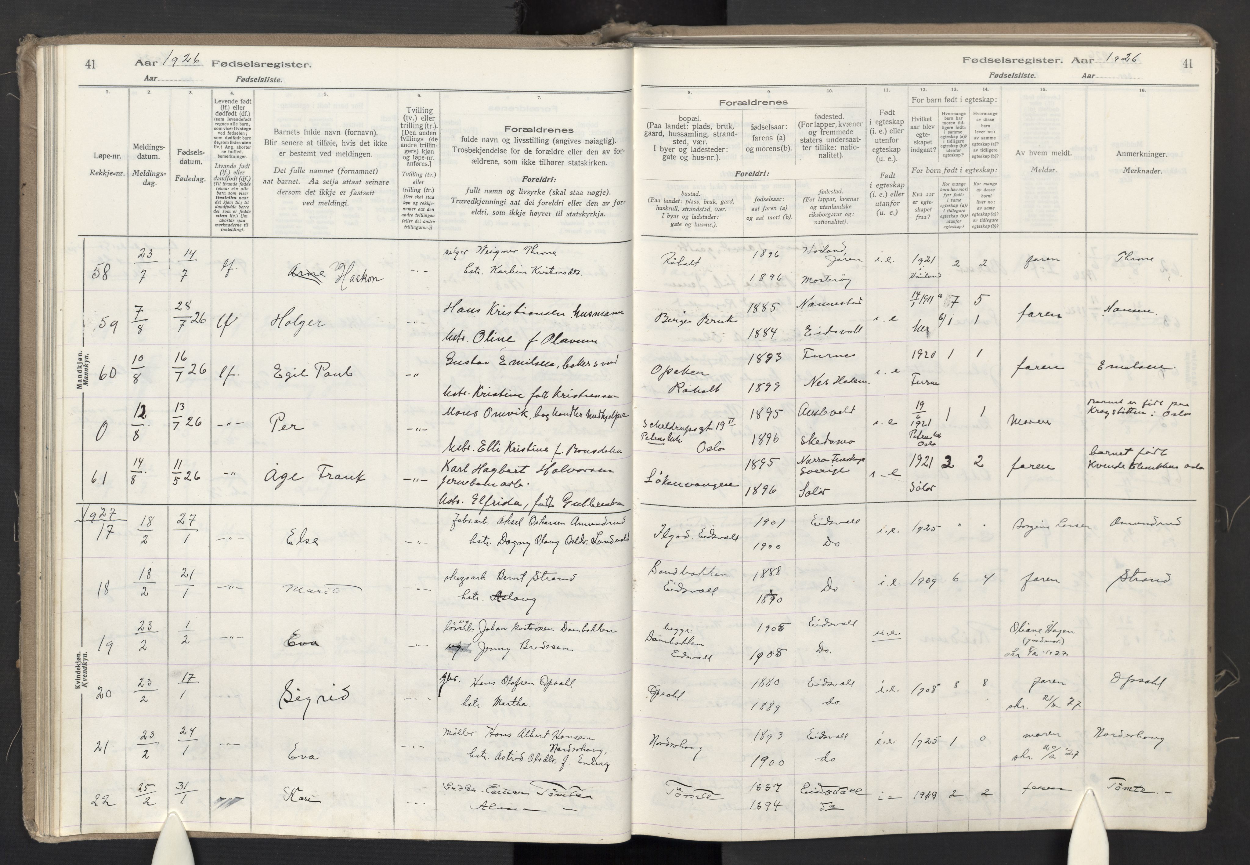 Eidsvoll prestekontor Kirkebøker, AV/SAO-A-10888/J/Ja/L0002: Fødselsregister nr. I 2, 1924-1937, s. 41