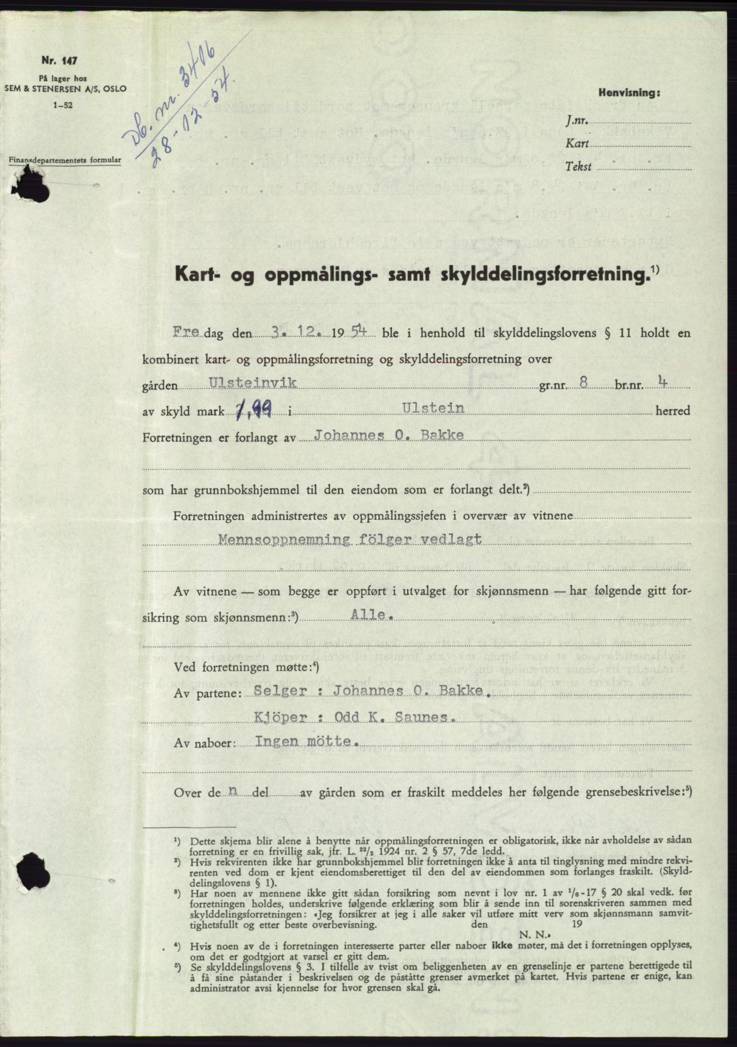 Søre Sunnmøre sorenskriveri, SAT/A-4122/1/2/2C/L0100: Pantebok nr. 26A, 1954-1955, Dagboknr: 3406/1954