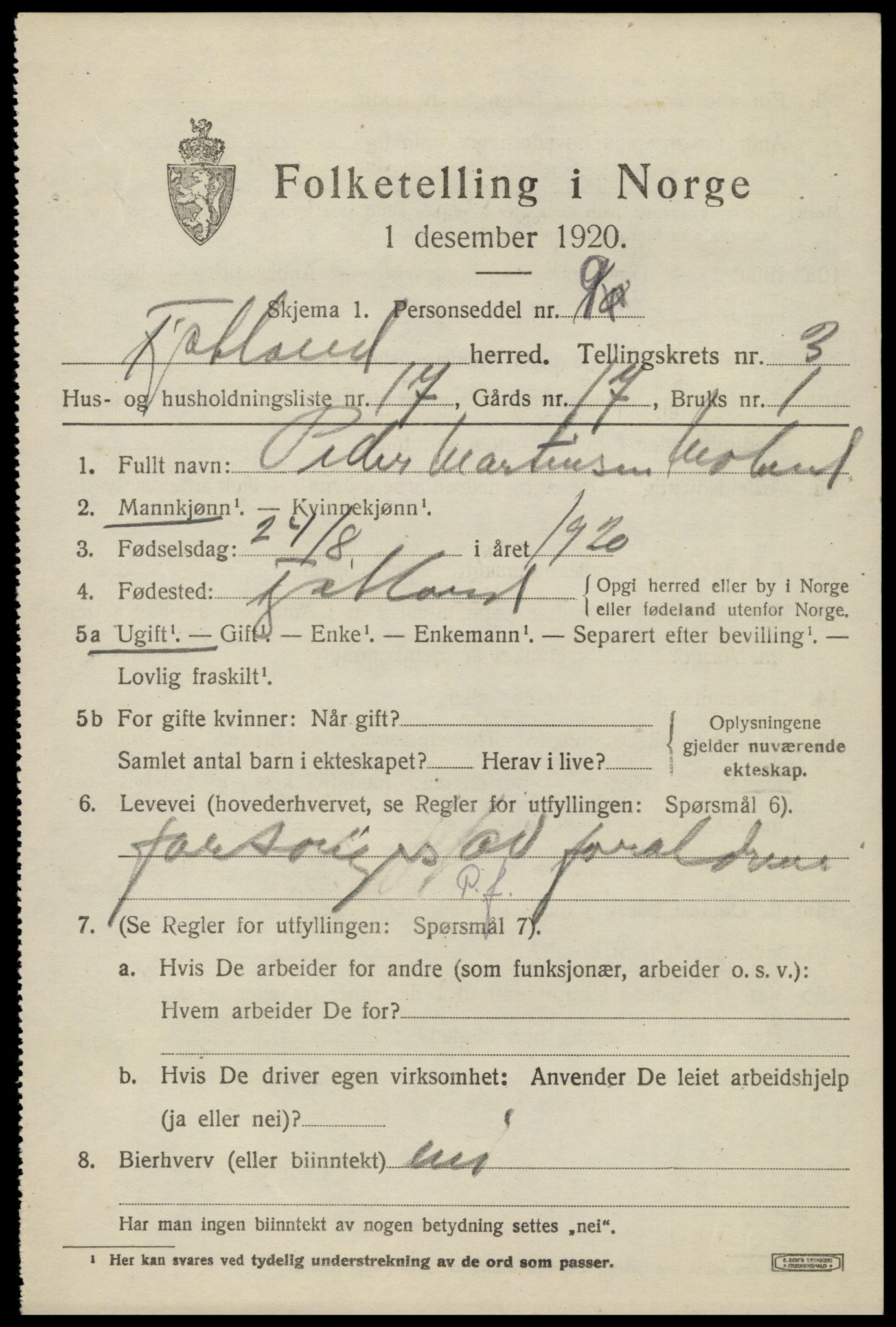 SAK, Folketelling 1920 for 1036 Fjotland herred, 1920, s. 1164