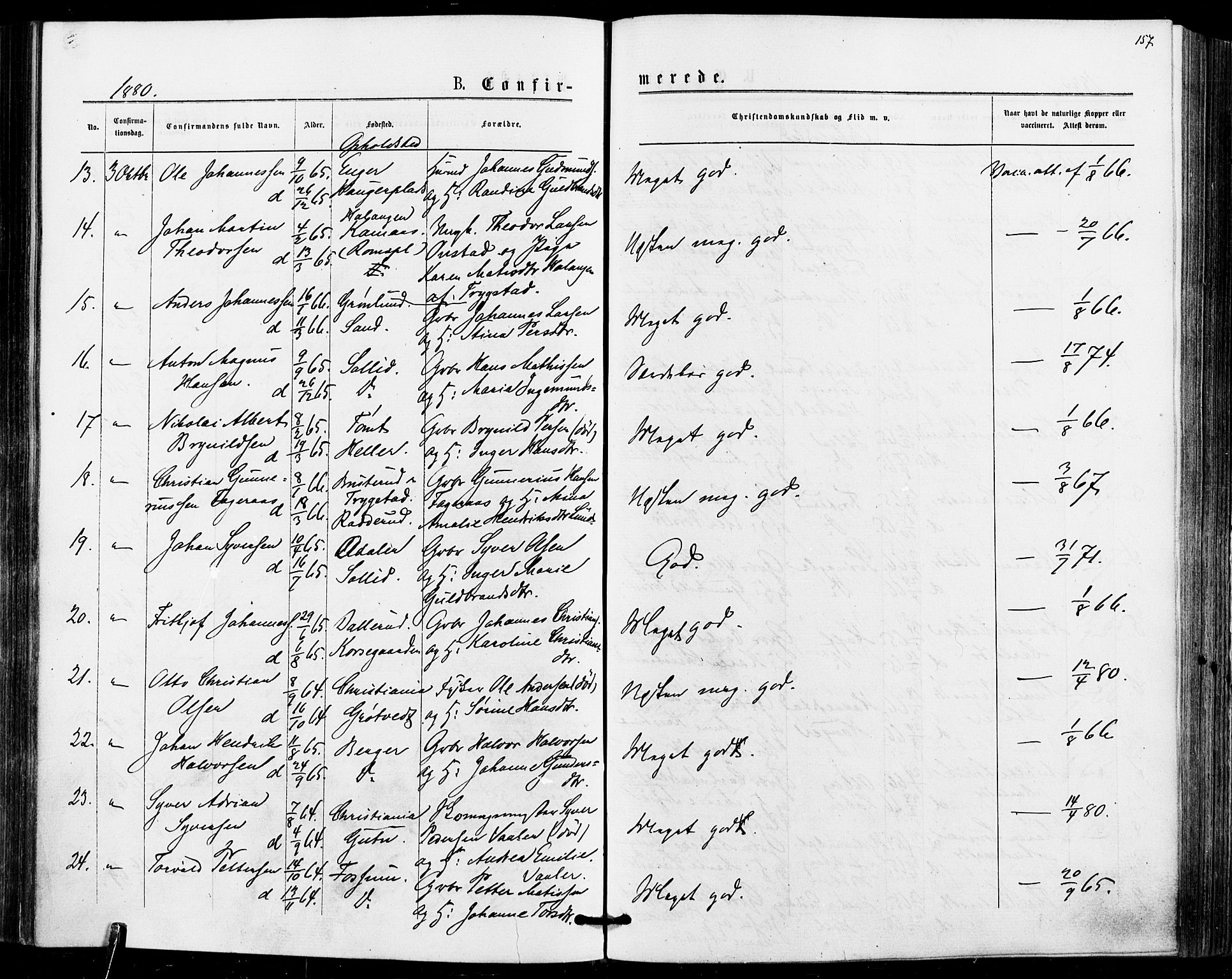 Askim prestekontor Kirkebøker, AV/SAO-A-10900/F/Fa/L0006: Ministerialbok nr. 6, 1874-1881, s. 157