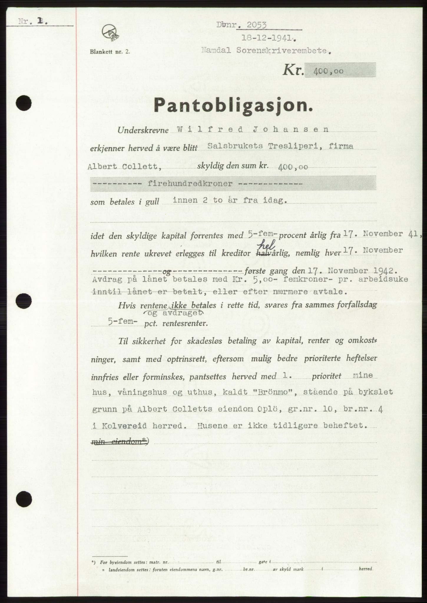 Namdal sorenskriveri, SAT/A-4133/1/2/2C: Pantebok nr. -, 1941-1942, Dagboknr: 2053/1941
