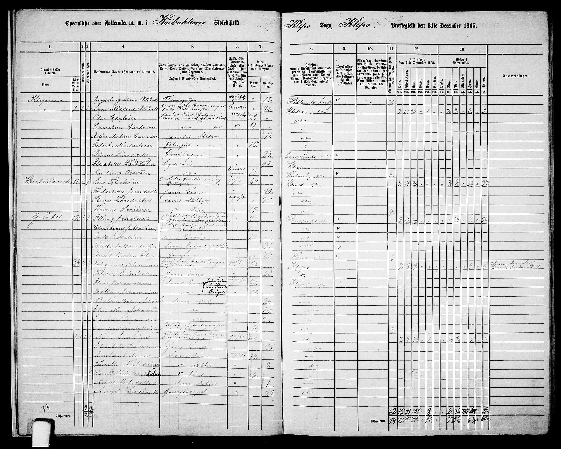 RA, Folketelling 1865 for 1120P Klepp prestegjeld, 1865, s. 12
