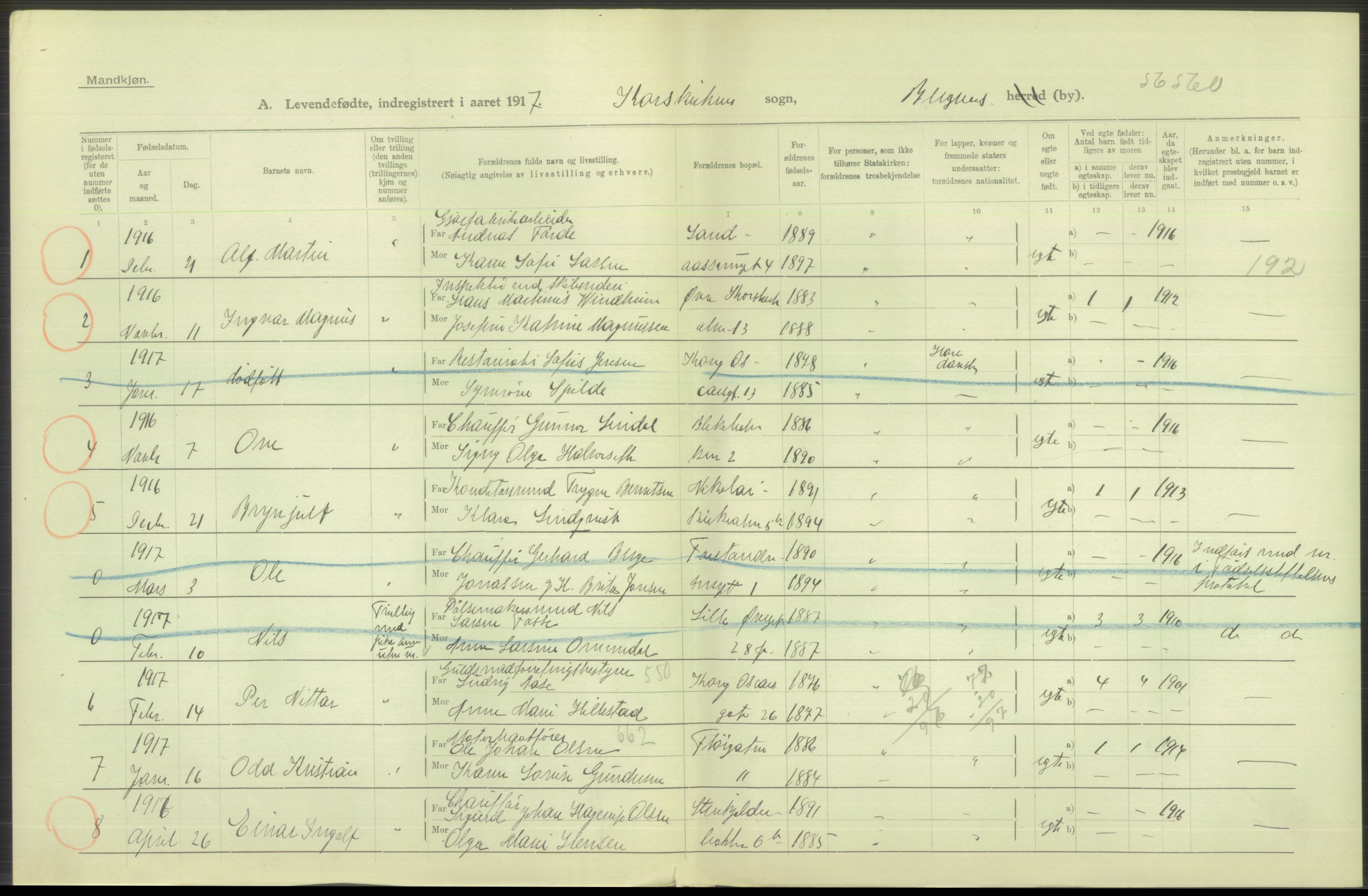 Statistisk sentralbyrå, Sosiodemografiske emner, Befolkning, AV/RA-S-2228/D/Df/Dfb/Dfbg/L0037: Bergen: Levendefødte menn og kvinner., 1917, s. 370