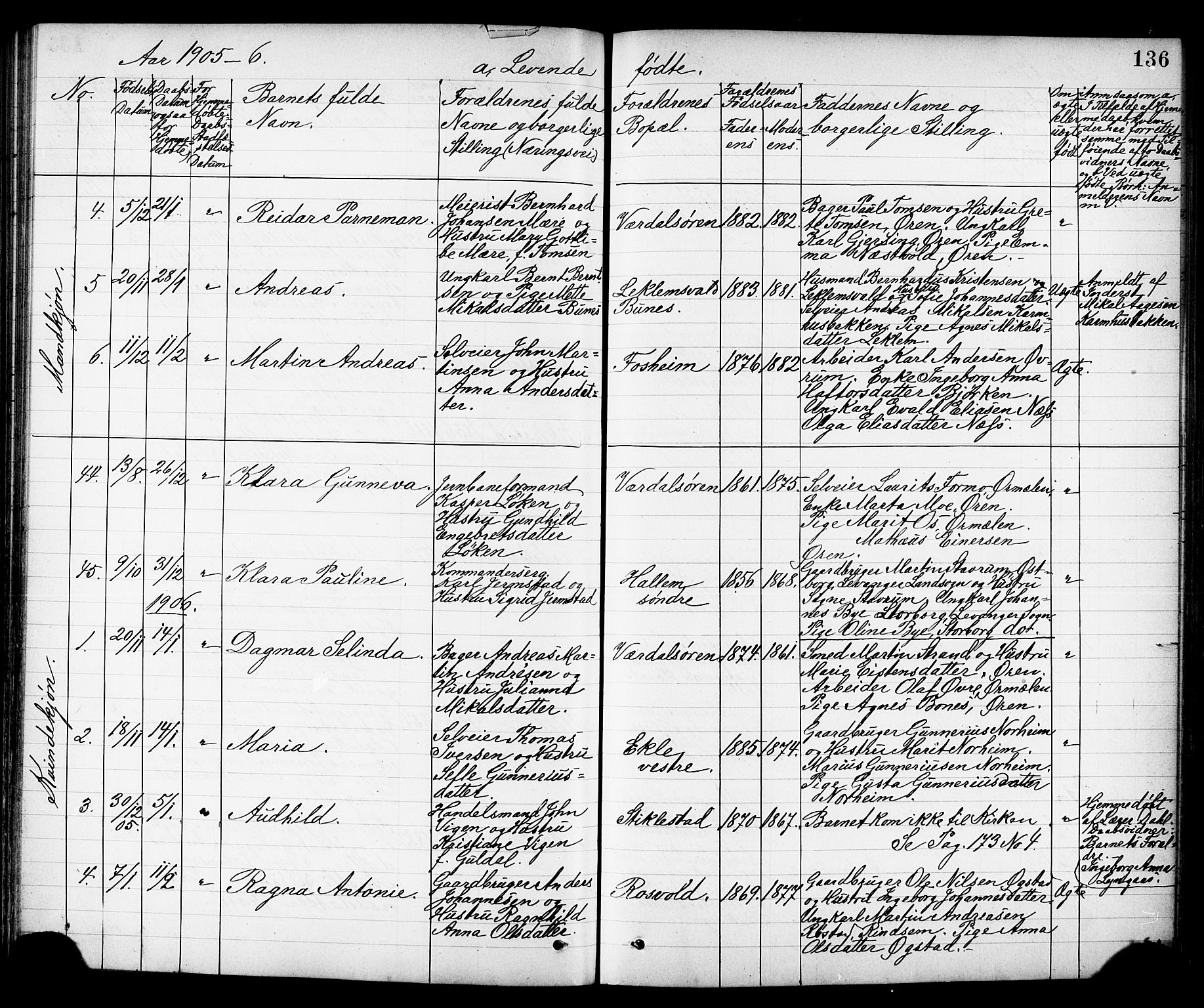 Ministerialprotokoller, klokkerbøker og fødselsregistre - Nord-Trøndelag, AV/SAT-A-1458/723/L0257: Klokkerbok nr. 723C05, 1890-1907, s. 136