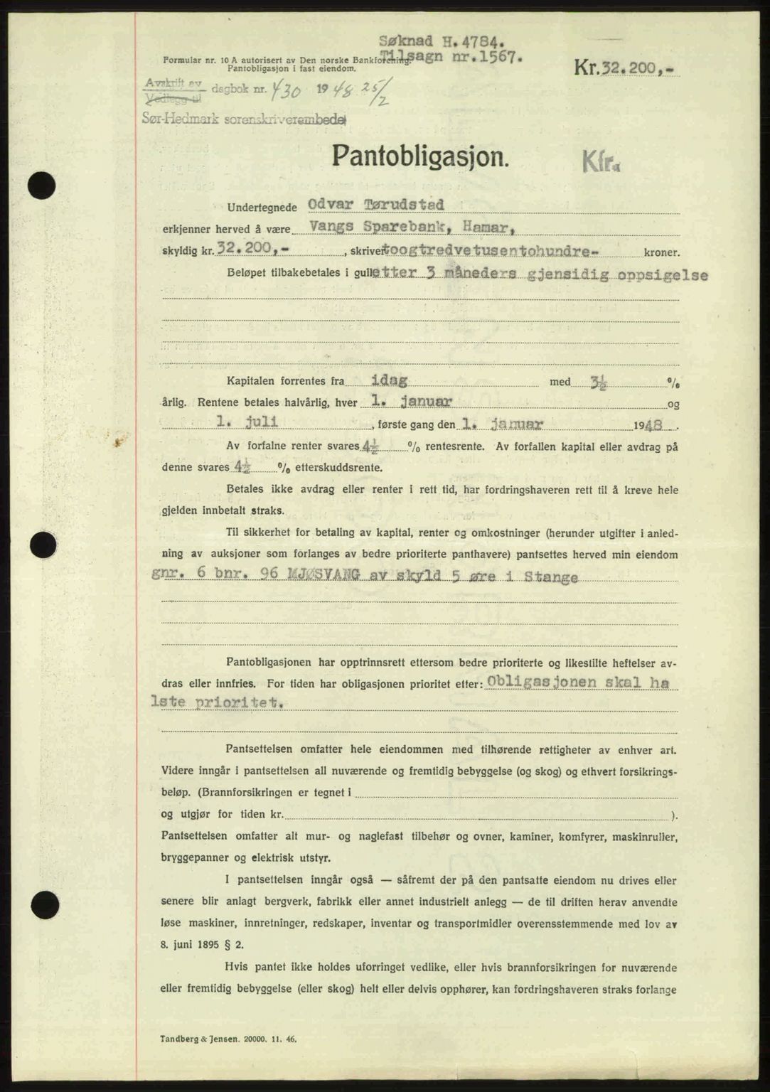 Sør-Hedmark sorenskriveri, AV/SAH-TING-014/H/Hb/Hbd/L0016: Pantebok nr. 16, 1948-1948, Dagboknr: 430/1948