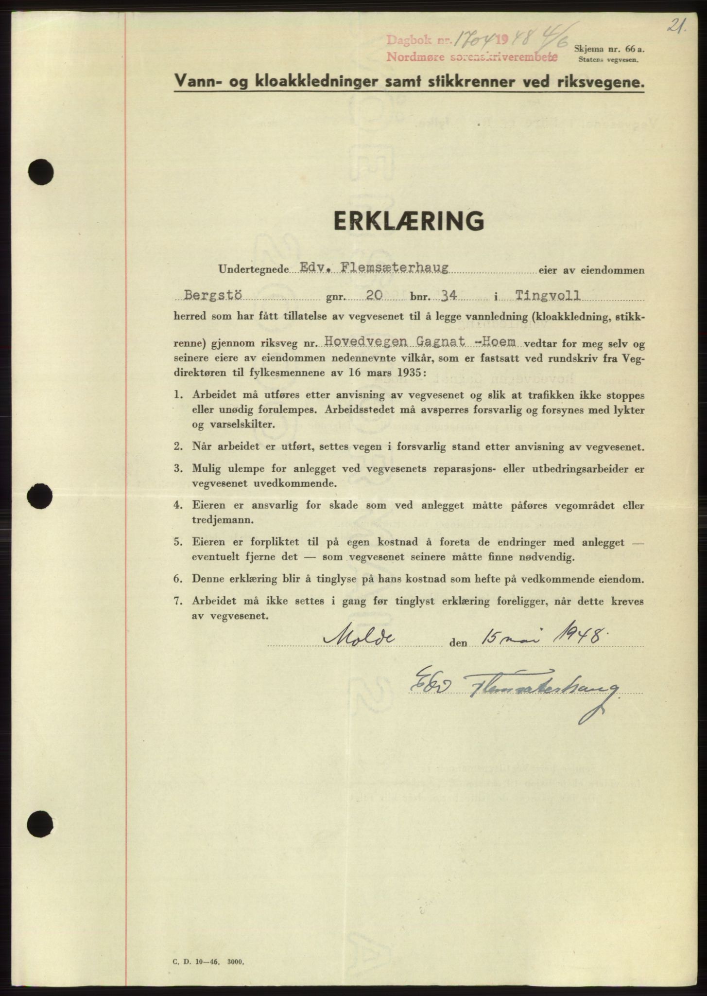 Nordmøre sorenskriveri, SAT/A-4132/1/2/2Ca: Pantebok nr. B99, 1948-1948, Dagboknr: 1704/1948