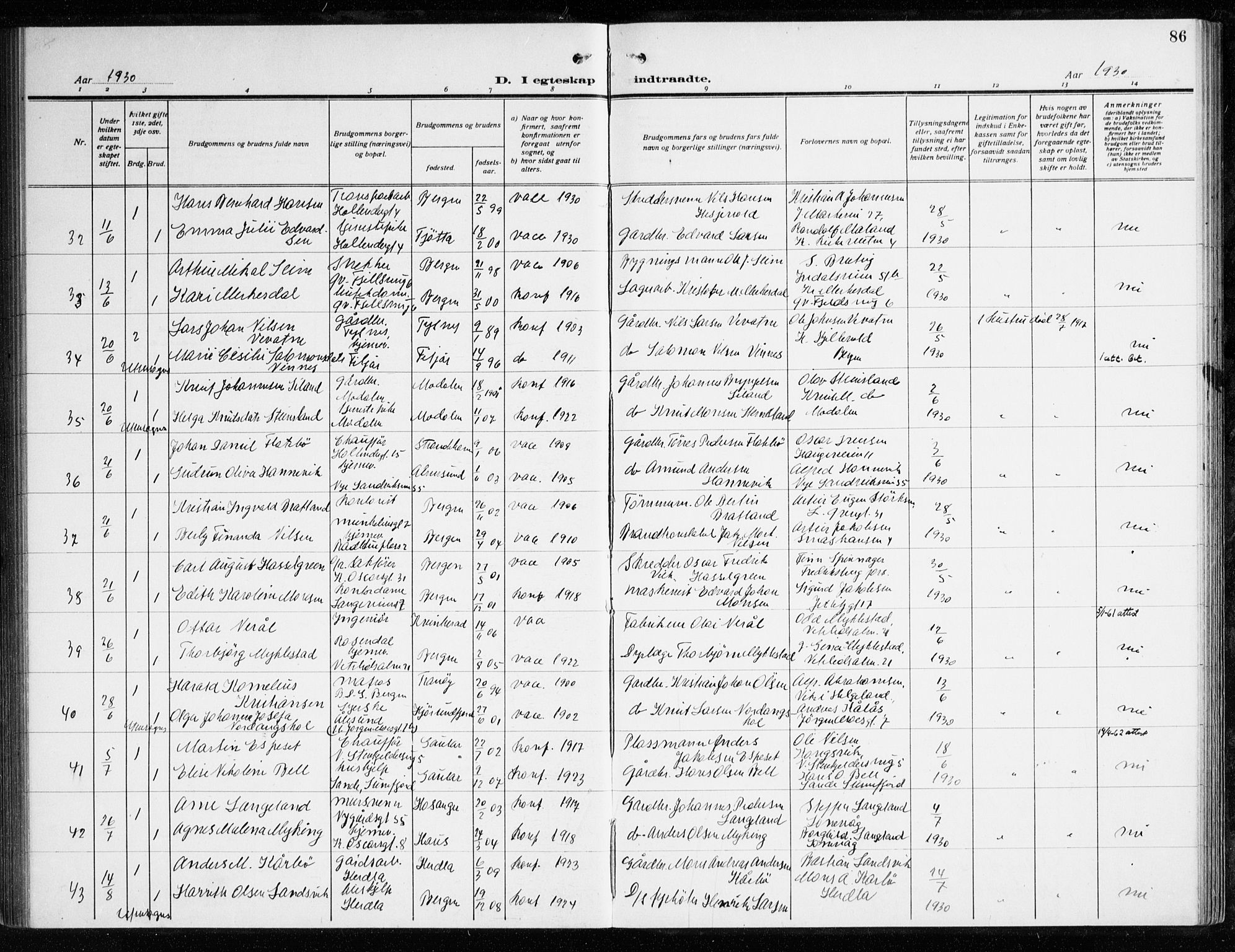 Korskirken sokneprestembete, SAB/A-76101/H/Haa/L0039: Ministerialbok nr. D 6, 1919-1938, s. 86