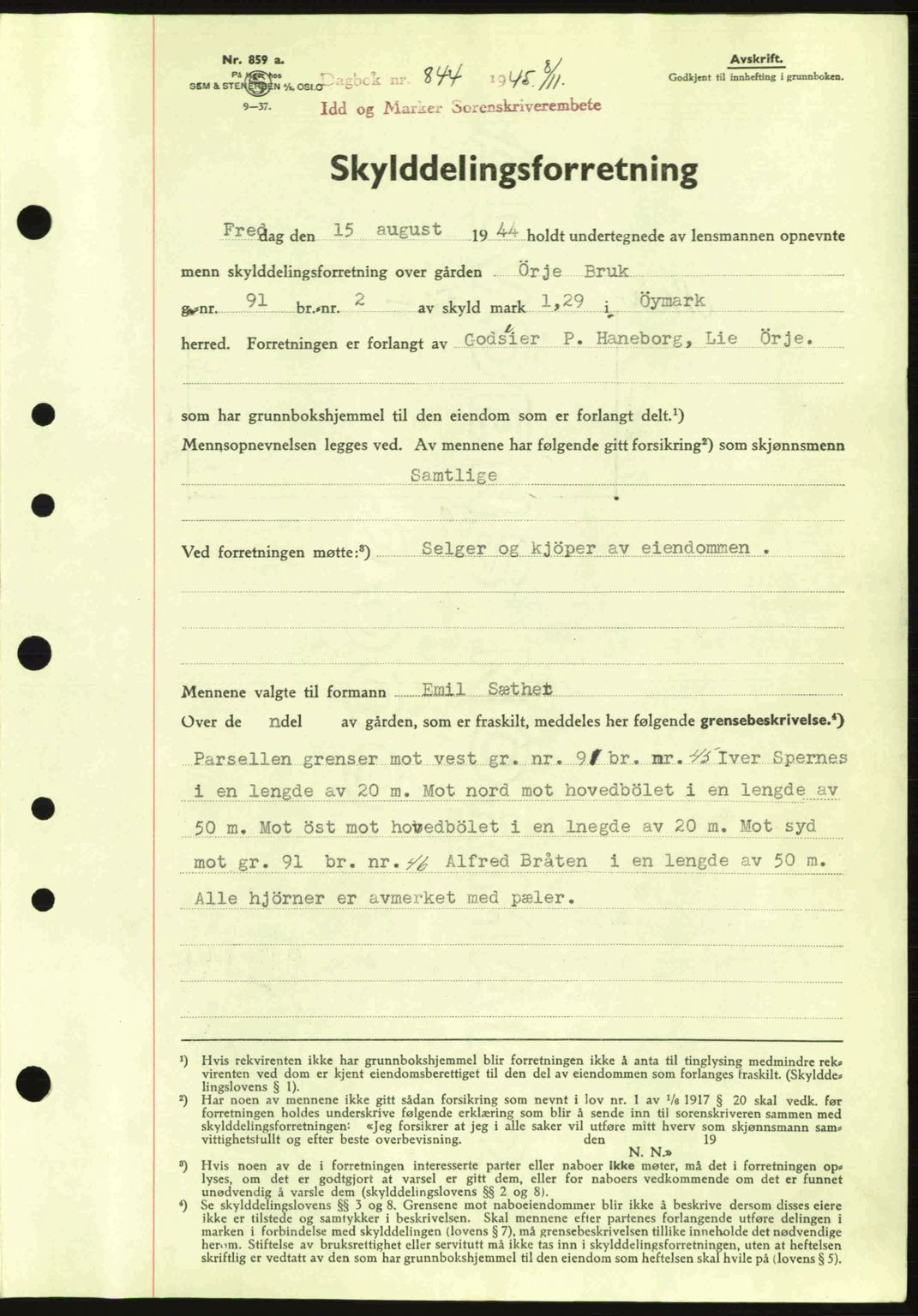 Idd og Marker sorenskriveri, AV/SAO-A-10283/G/Gb/Gbb/L0007: Pantebok nr. A7, 1944-1945, Dagboknr: 844/1945