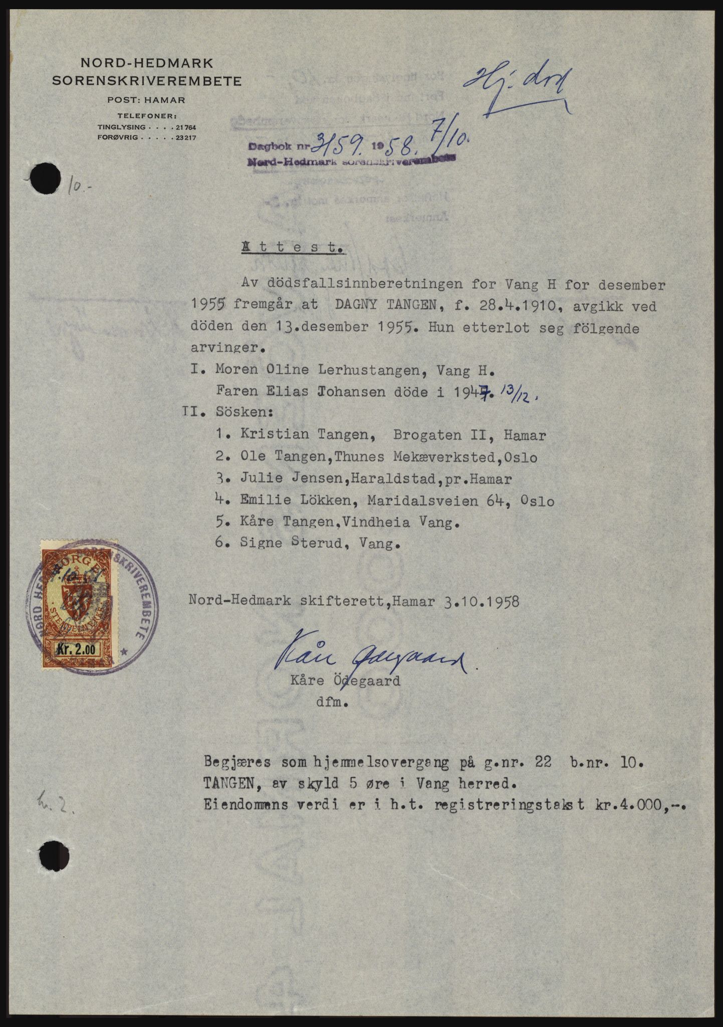 Nord-Hedmark sorenskriveri, SAH/TING-012/H/Hc/L0012: Pantebok nr. 12, 1957-1958, Dagboknr: 3159/1958