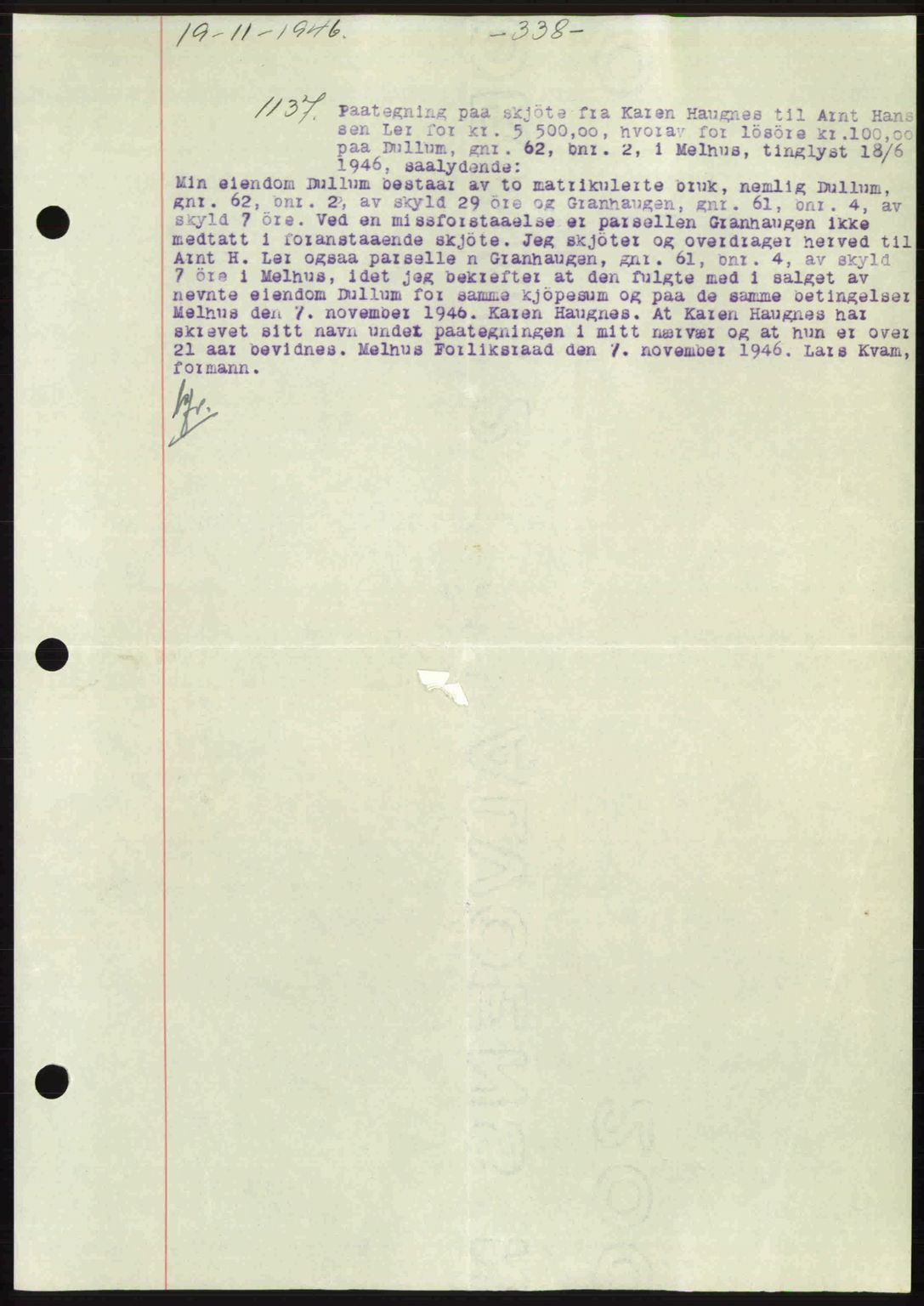 Gauldal sorenskriveri, SAT/A-0014/1/2/2C: Pantebok nr. A2, 1946-1946, Dagboknr: 1137/1946