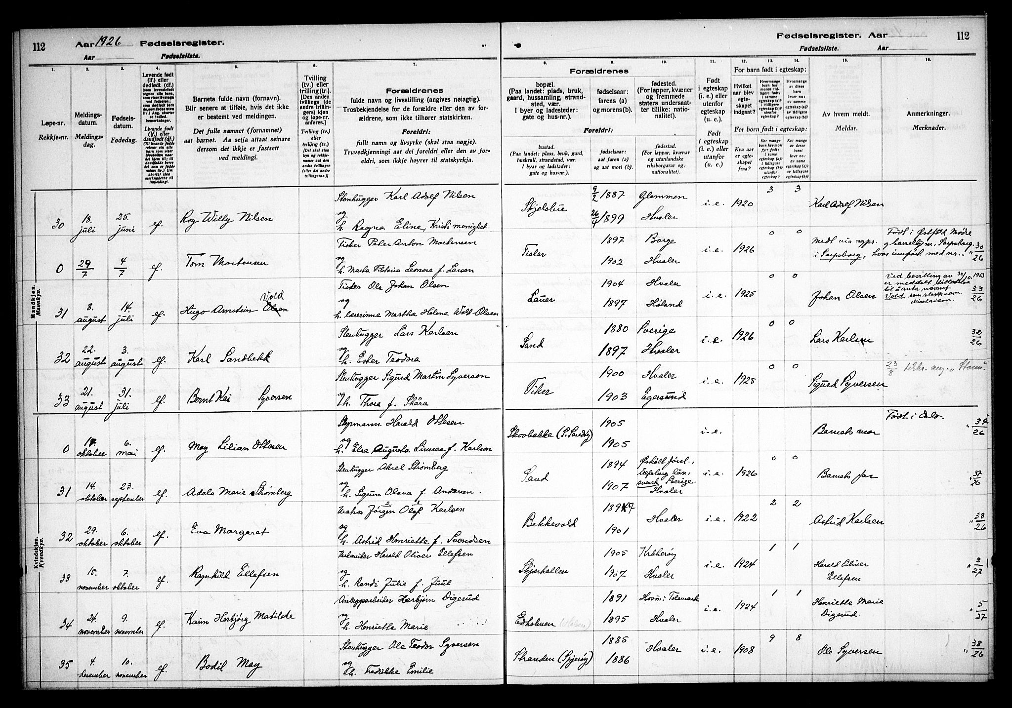 Hvaler prestekontor Kirkebøker, AV/SAO-A-2001/J/Ja/L0001: Fødselsregister nr. I 1, 1916-1938, s. 112