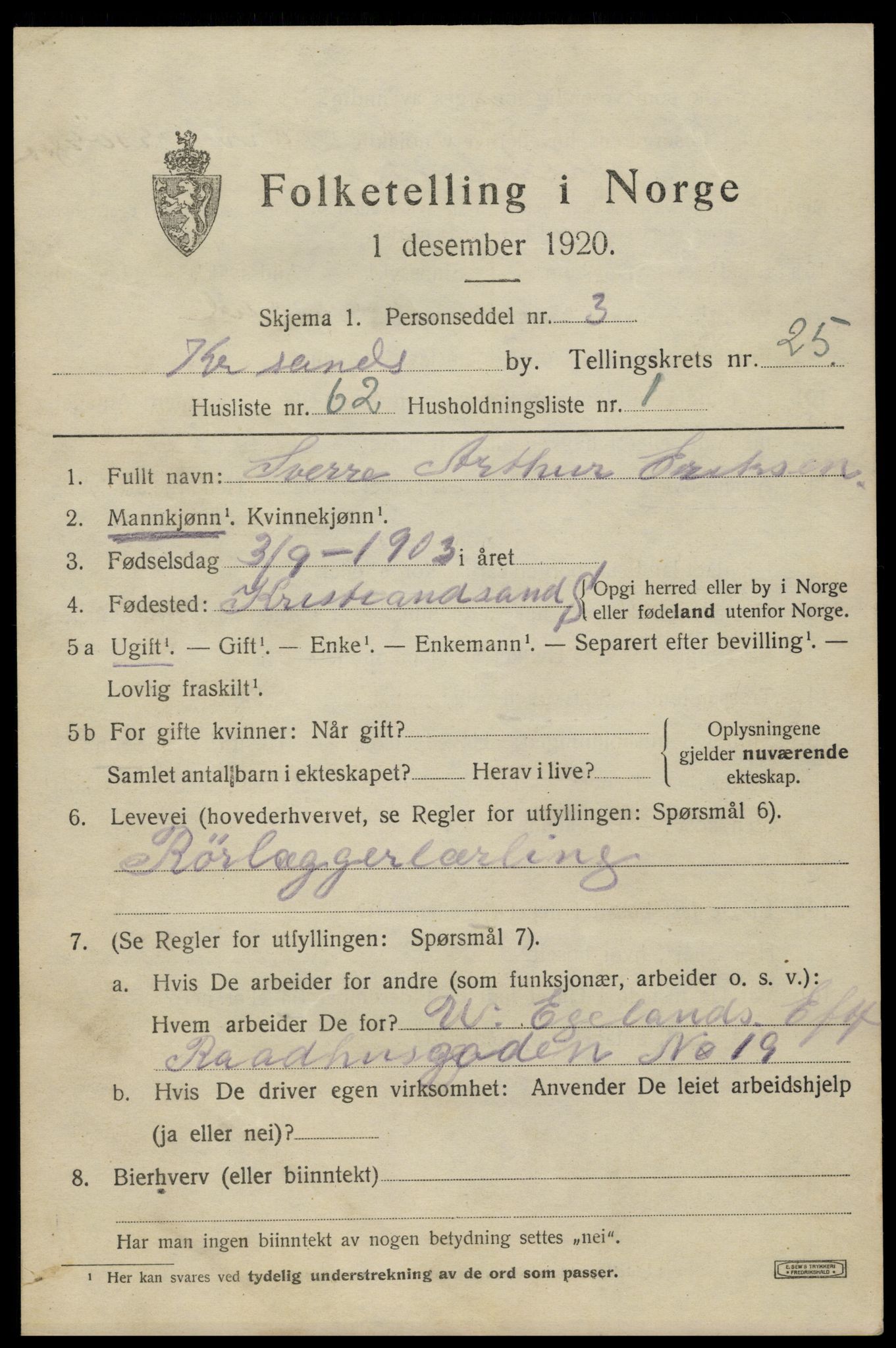 SAK, Folketelling 1920 for 1001 Kristiansand kjøpstad, 1920, s. 44785