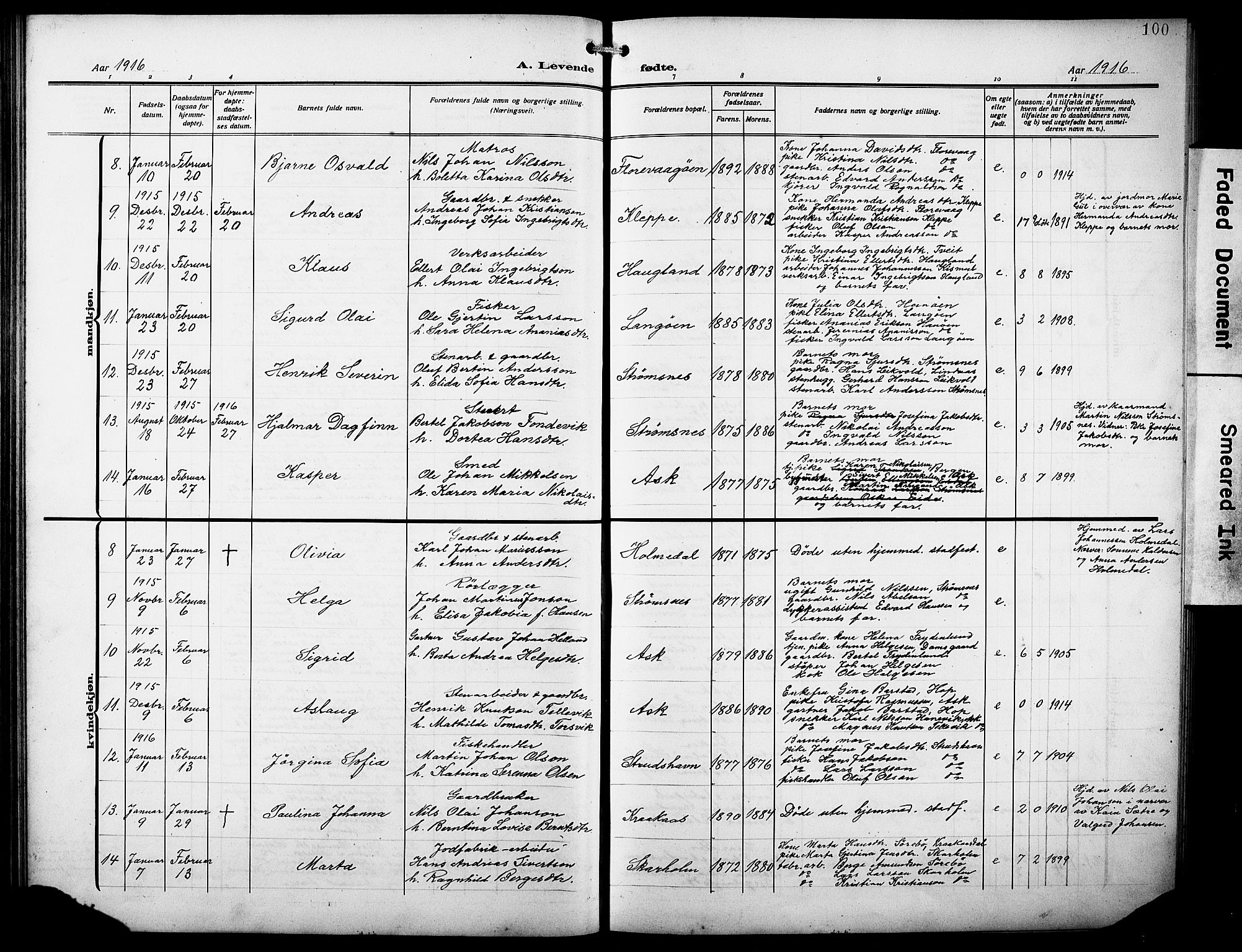 Askøy Sokneprestembete, SAB/A-74101/H/Ha/Hab/Haba/L0011: Klokkerbok nr. A 11, 1908-1931, s. 100