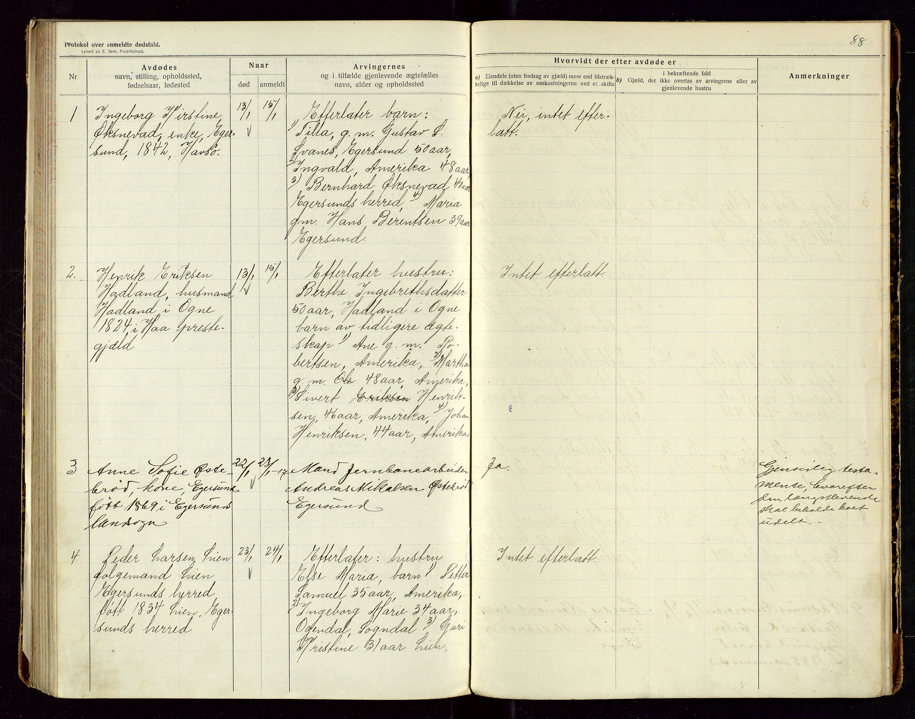 Eigersund lensmannskontor, SAST/A-100171/Gga/L0006: "Protokol over anmeldte dødsfald" m/alfabetisk navneregister, 1914-1917, s. 88