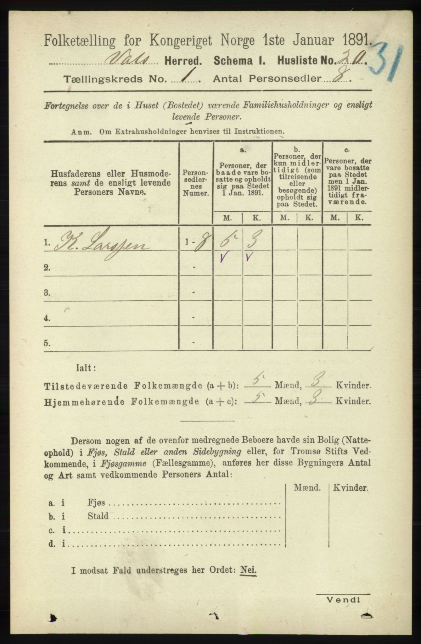 RA, Folketelling 1891 for 1155 Vats herred, 1891, s. 42