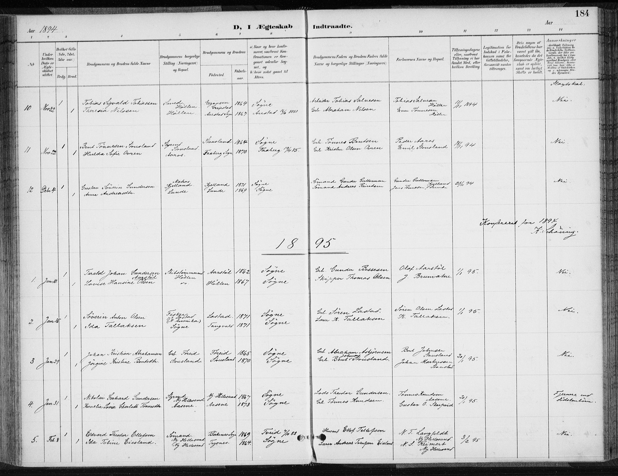 Søgne sokneprestkontor, SAK/1111-0037/F/Fa/Fab/L0013: Ministerialbok nr. A 13, 1892-1911, s. 184