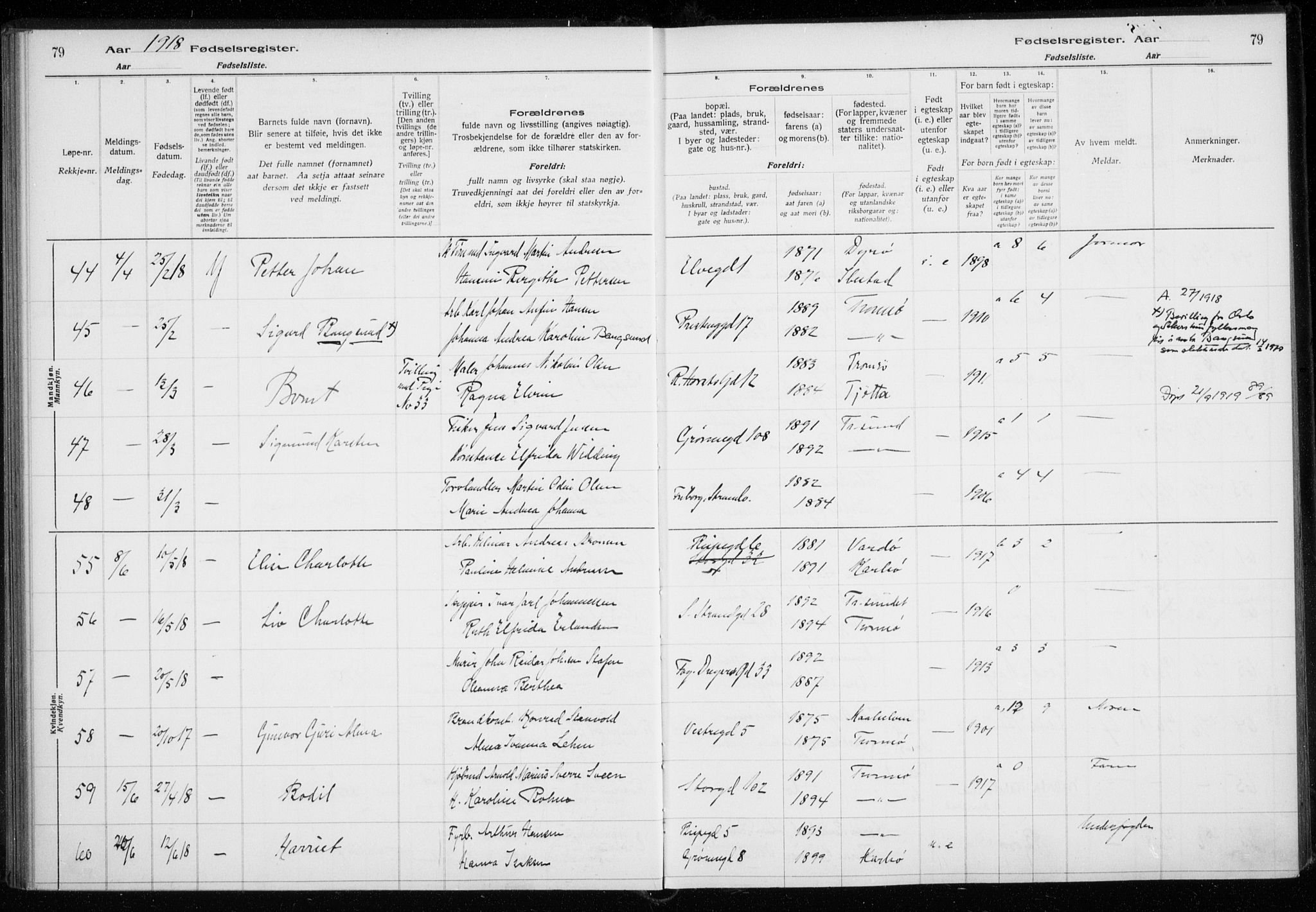 Tromsø sokneprestkontor/stiftsprosti/domprosti, AV/SATØ-S-1343/H/Ha/L0131: Fødselsregister nr. 131, 1916-1921, s. 79