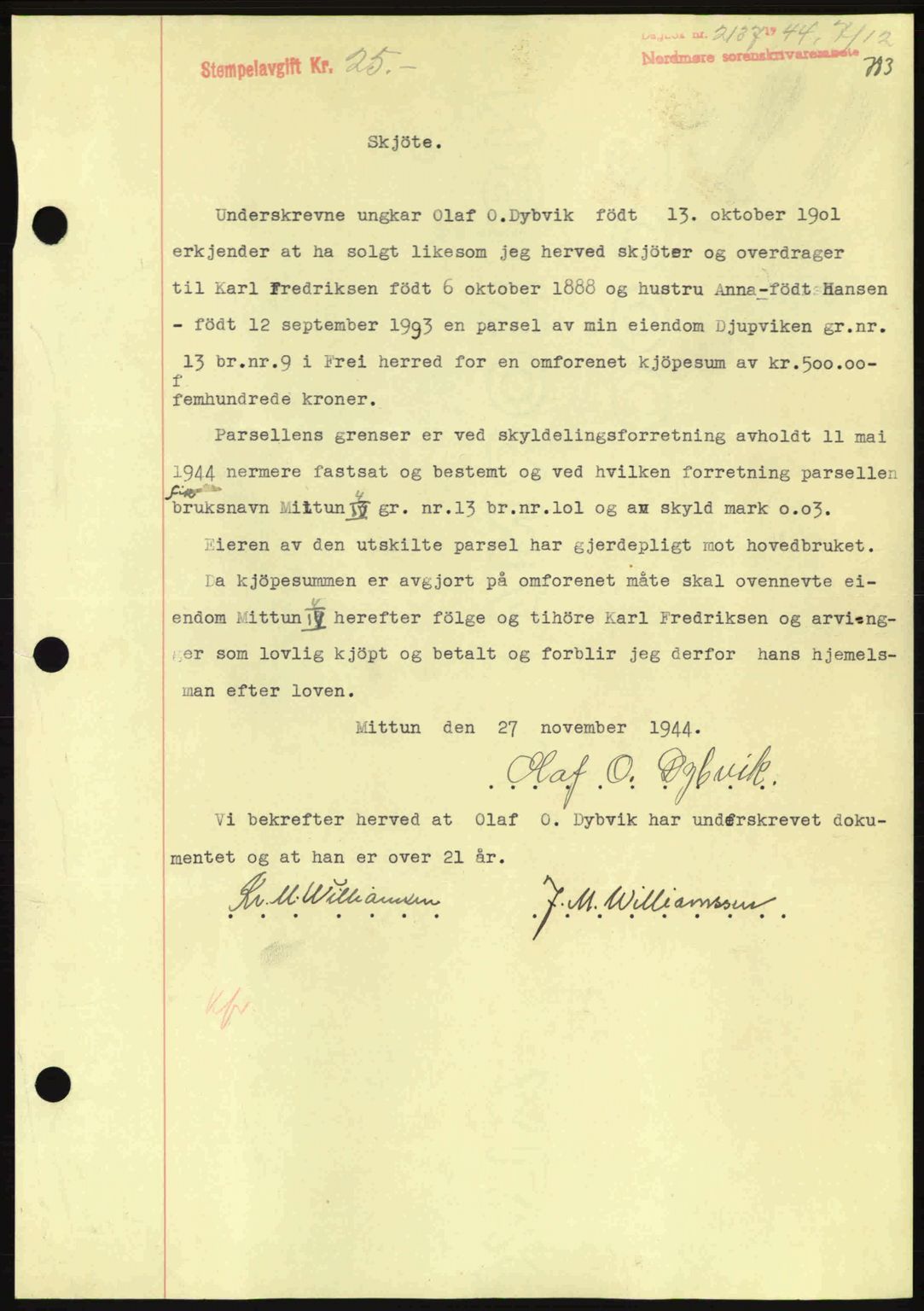 Nordmøre sorenskriveri, SAT/A-4132/1/2/2Ca: Pantebok nr. A98, 1944-1944, Dagboknr: 2137/1944