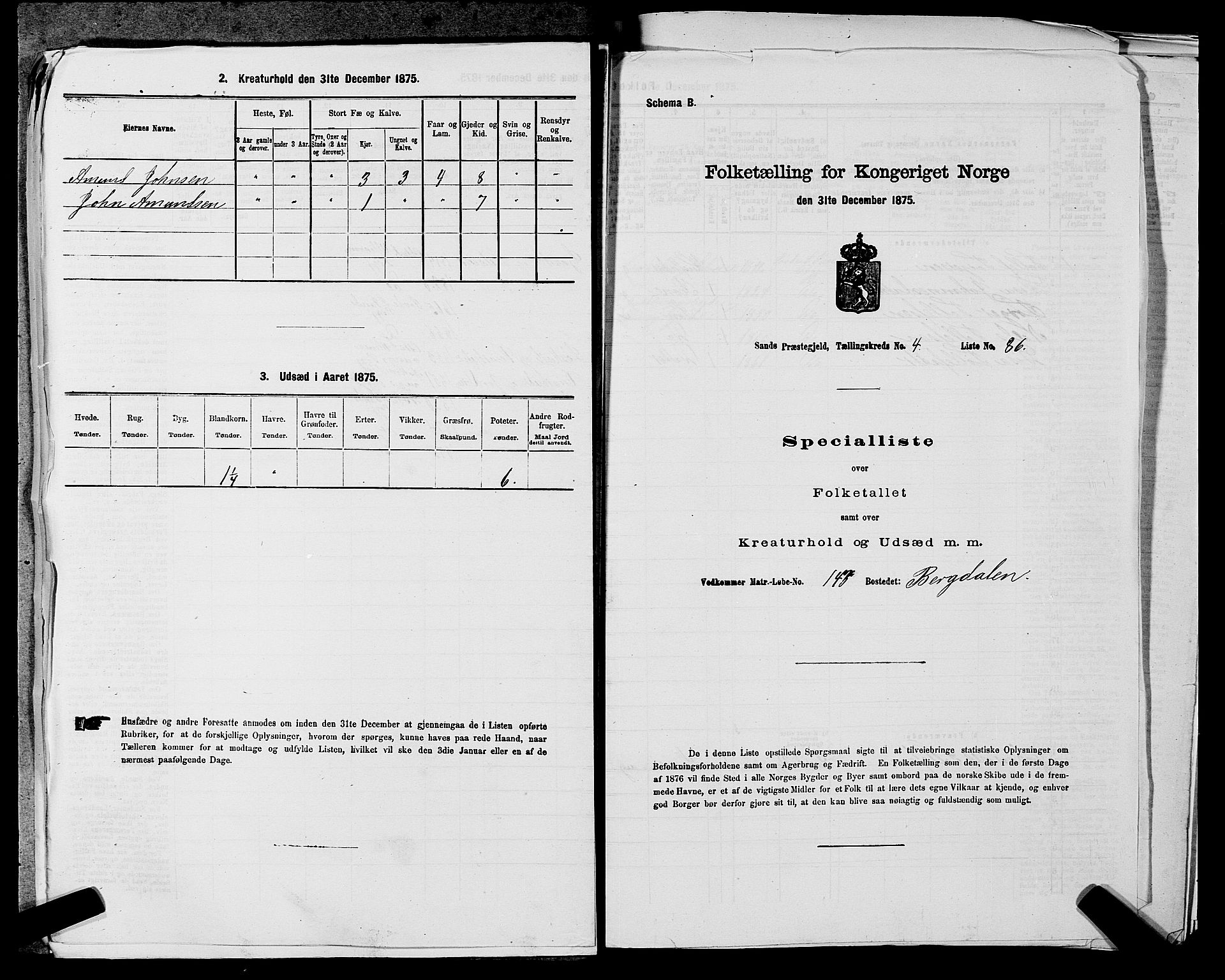 SAST, Folketelling 1875 for 1136P Sand prestegjeld, 1875, s. 1431