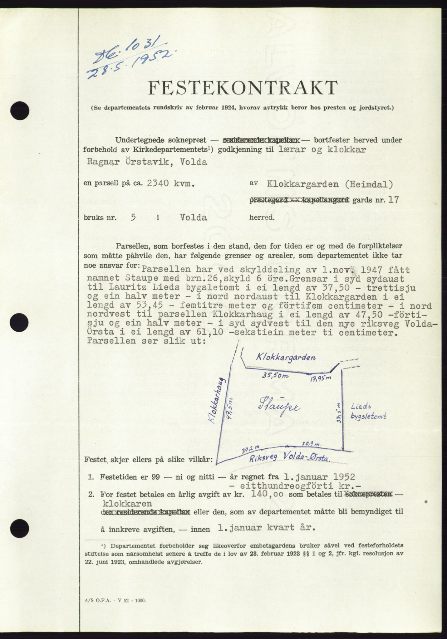 Søre Sunnmøre sorenskriveri, AV/SAT-A-4122/1/2/2C/L0092: Pantebok nr. 18A, 1952-1952, Dagboknr: 1031/1952