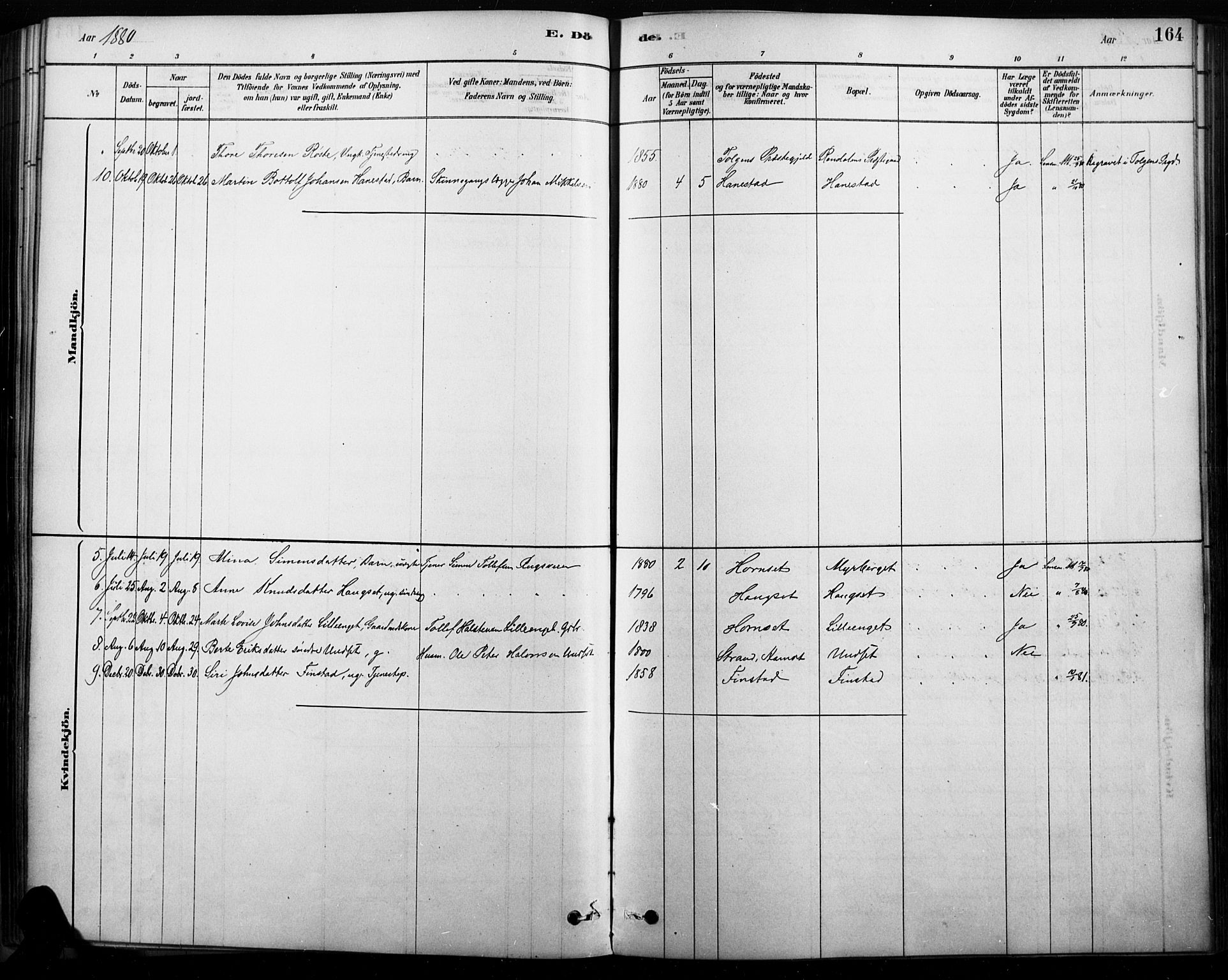 Rendalen prestekontor, SAH/PREST-054/H/Ha/Haa/L0009: Ministerialbok nr. 9, 1878-1901, s. 164