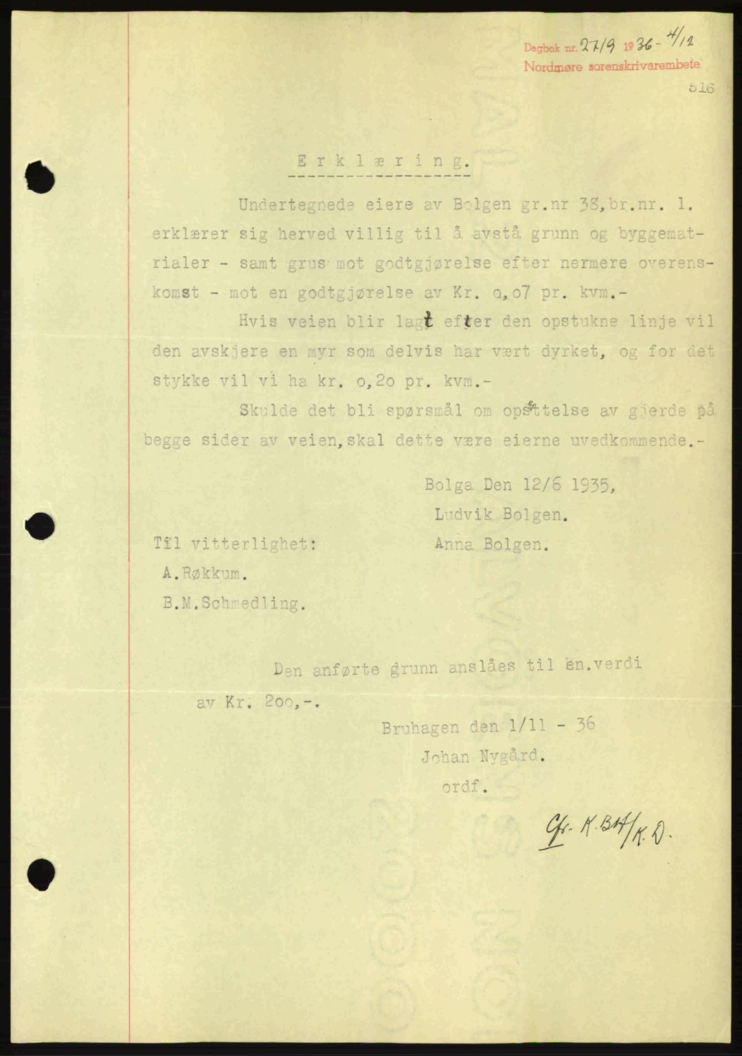 Nordmøre sorenskriveri, SAT/A-4132/1/2/2Ca: Pantebok nr. A80, 1936-1937, Dagboknr: 2719/1936