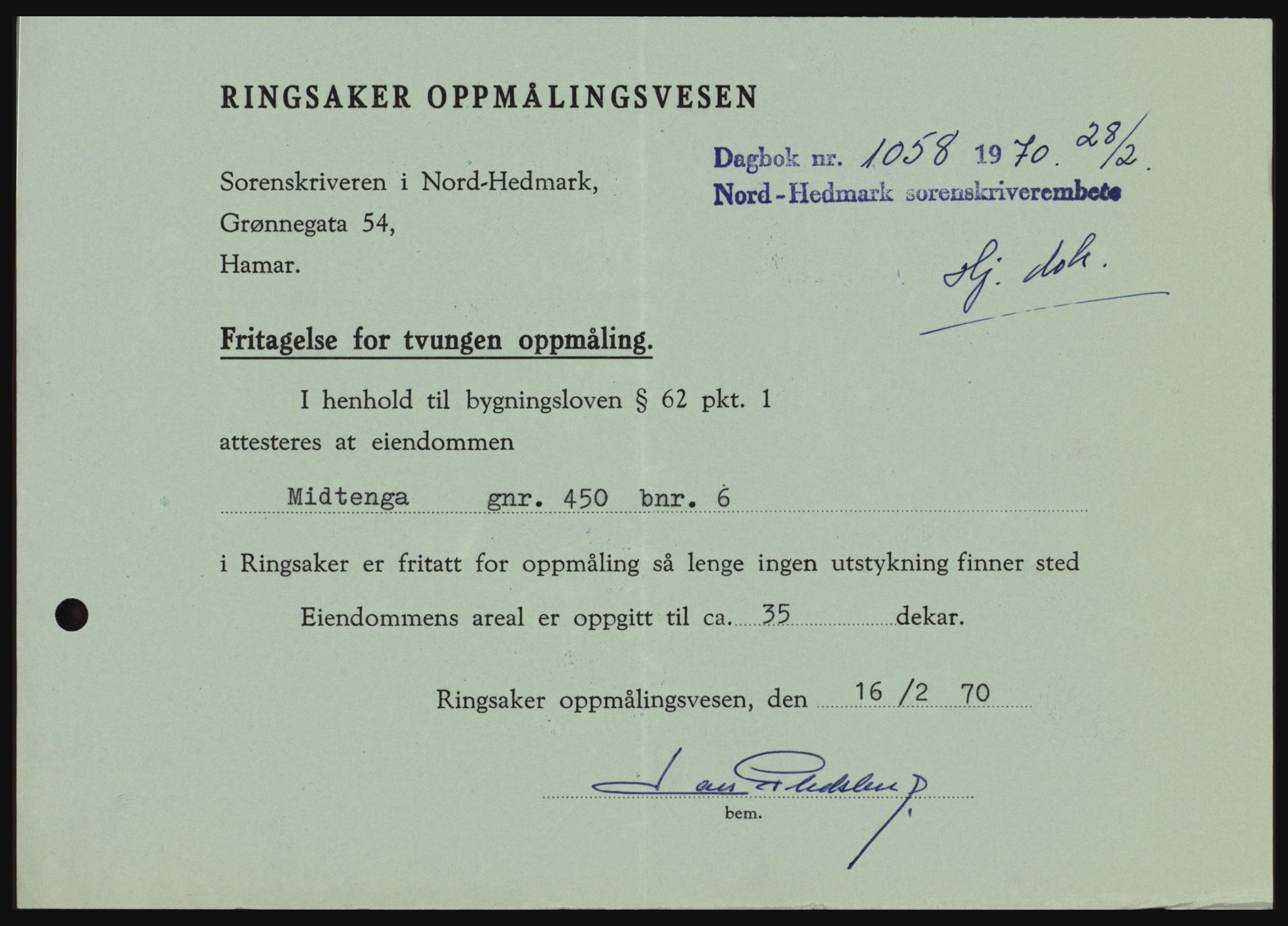 Nord-Hedmark sorenskriveri, AV/SAH-TING-012/H/Hc/L0033: Pantebok nr. 33, 1970-1970, Dagboknr: 1058/1970