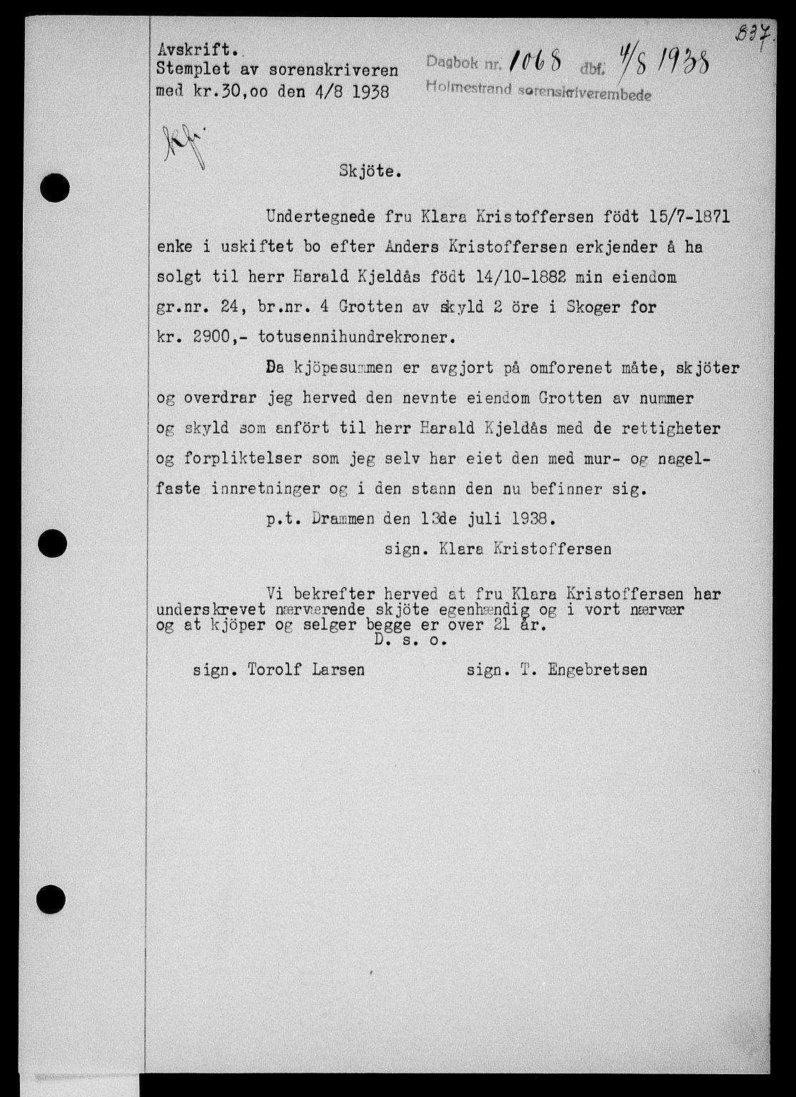 Holmestrand sorenskriveri, SAKO/A-67/G/Ga/Gaa/L0049: Pantebok nr. A-49, 1937-1938, Dagboknr: 1068/1938