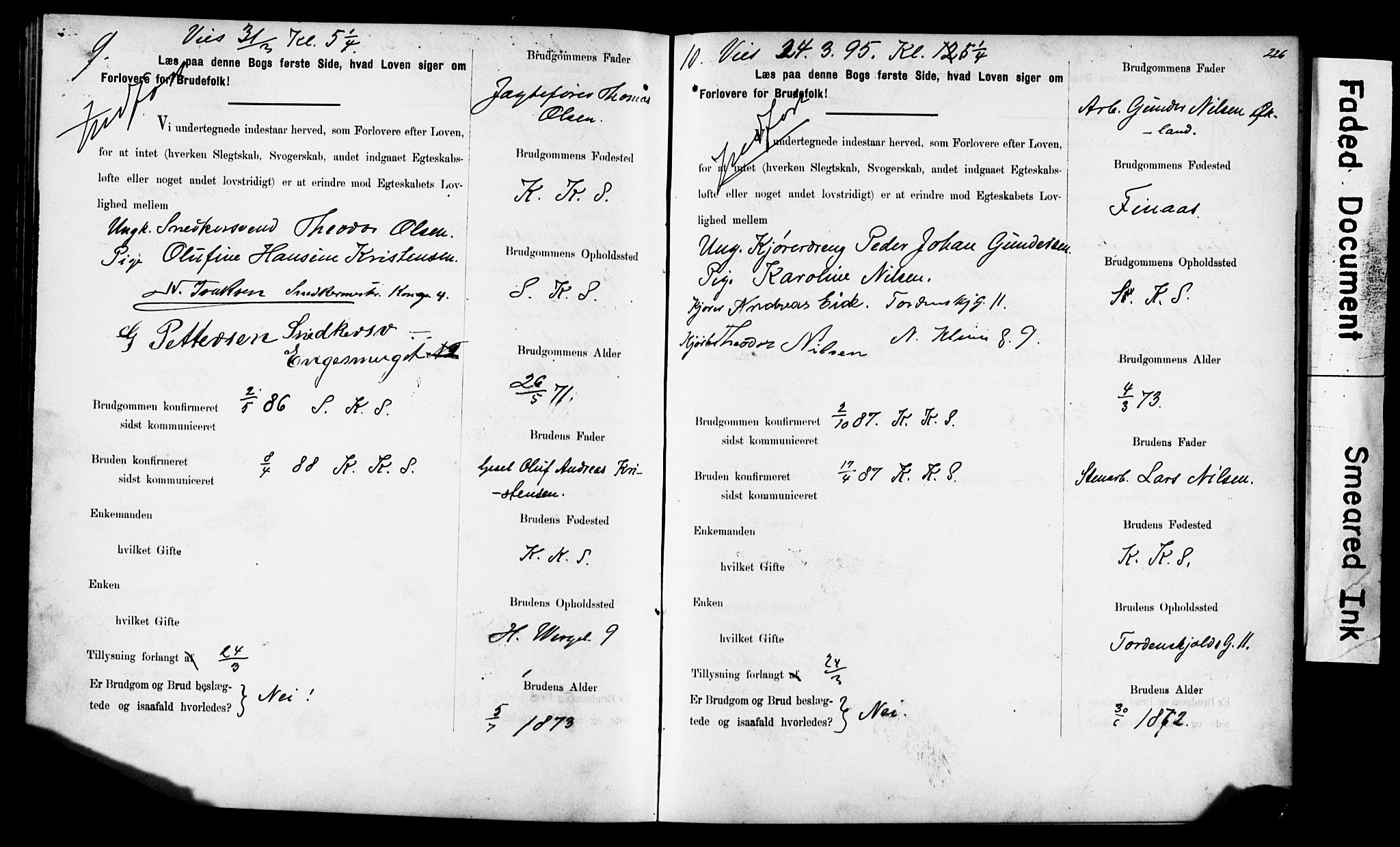 Korskirken sokneprestembete, SAB/A-76101: Forlovererklæringer nr. II.5.6, 1889-1898, s. 226
