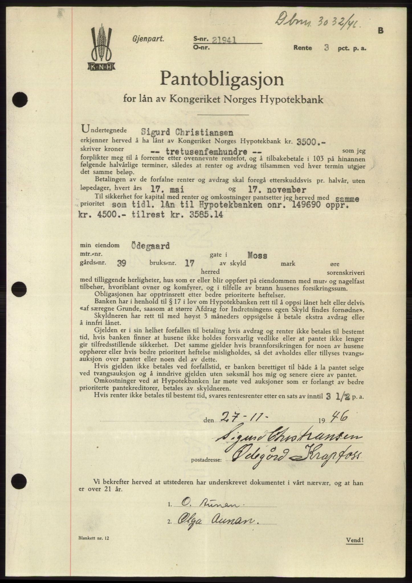 Moss sorenskriveri, SAO/A-10168: Pantebok nr. B16, 1946-1947, Dagboknr: 3032/1946