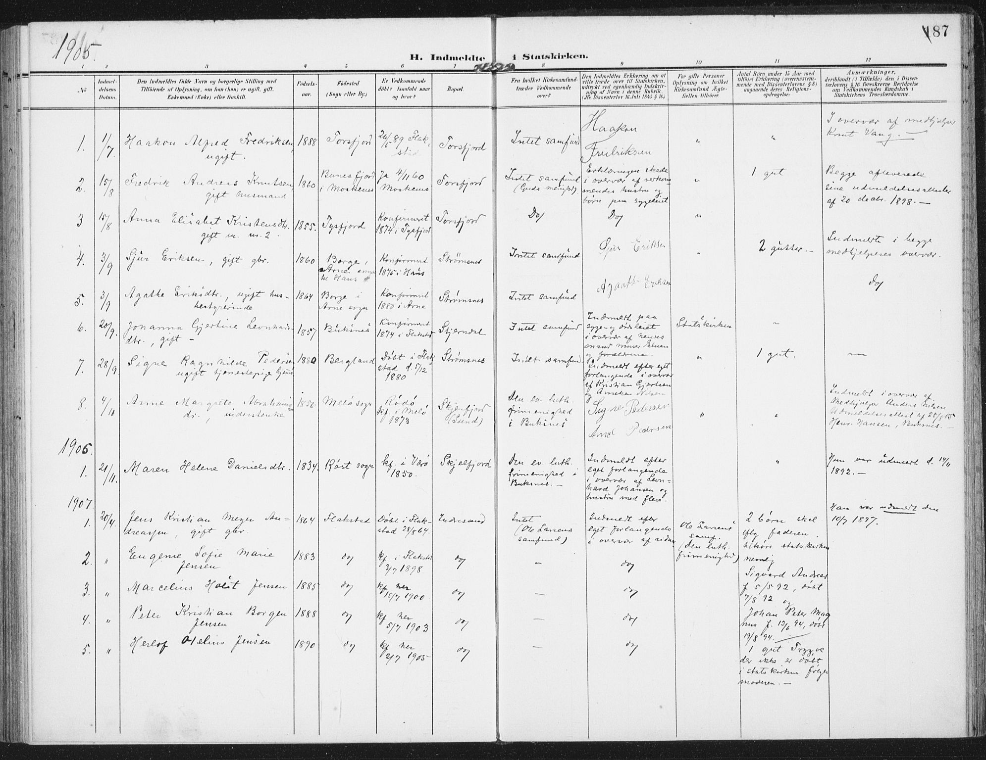 Ministerialprotokoller, klokkerbøker og fødselsregistre - Nordland, AV/SAT-A-1459/885/L1206: Ministerialbok nr. 885A07, 1905-1915, s. 187