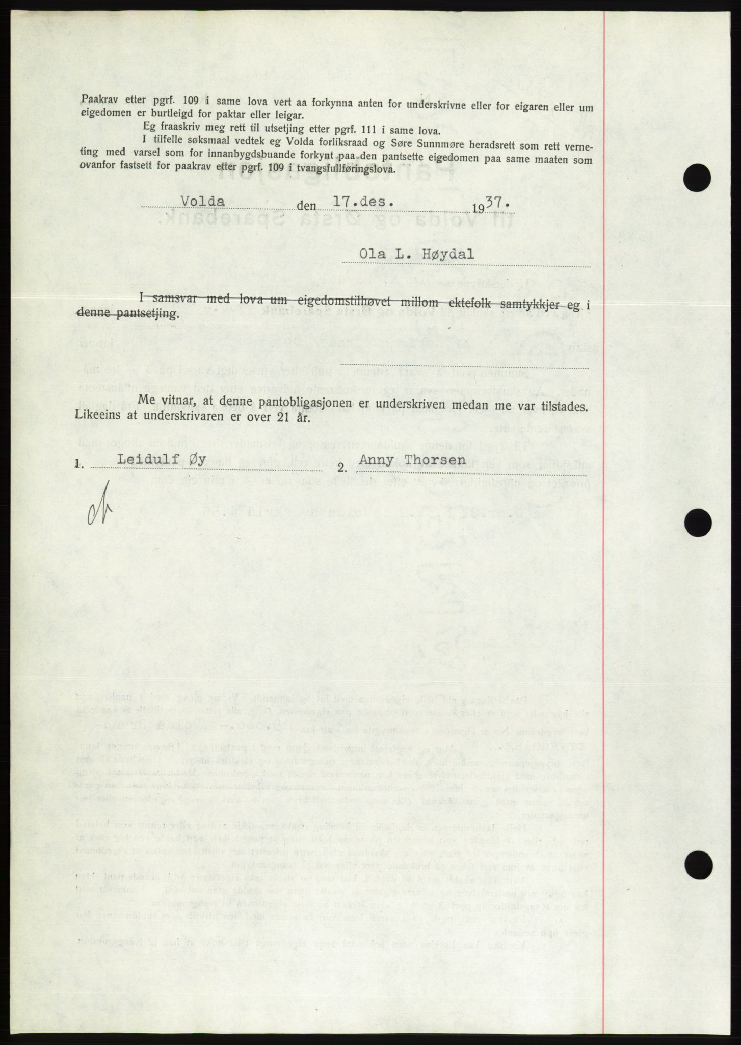 Søre Sunnmøre sorenskriveri, AV/SAT-A-4122/1/2/2C/L0064: Pantebok nr. 58, 1937-1938, Dagboknr: 1830/1937