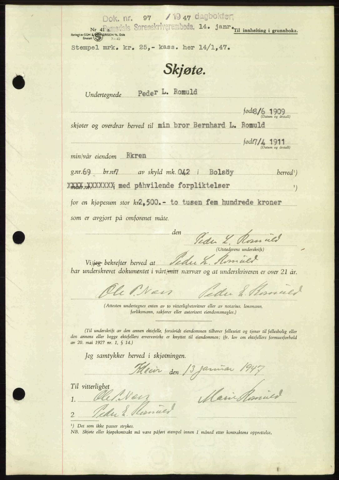 Romsdal sorenskriveri, AV/SAT-A-4149/1/2/2C: Pantebok nr. A22, 1947-1947, Dagboknr: 97/1947
