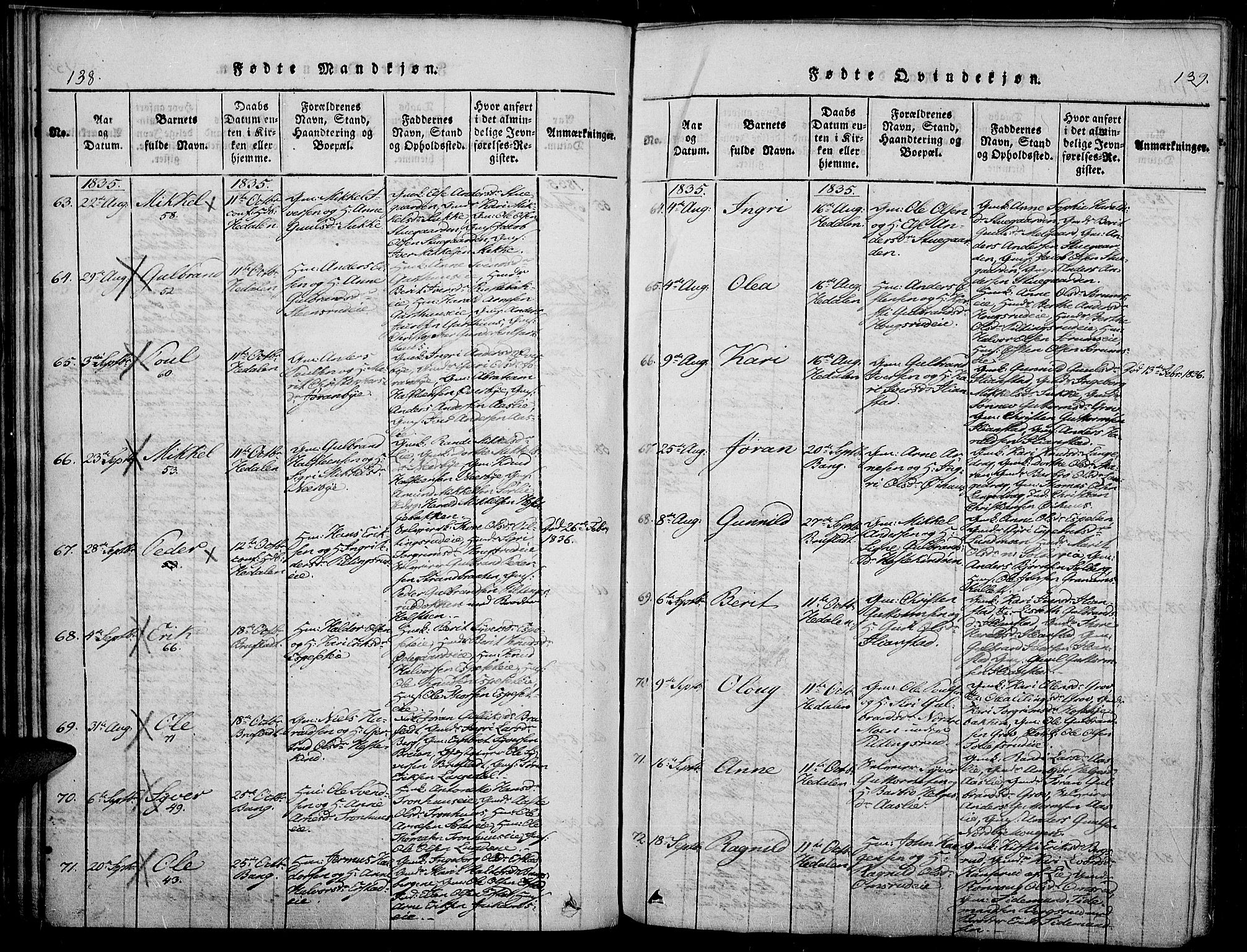 Sør-Aurdal prestekontor, SAH/PREST-128/H/Ha/Haa/L0003: Ministerialbok nr. 3, 1825-1840, s. 138-139