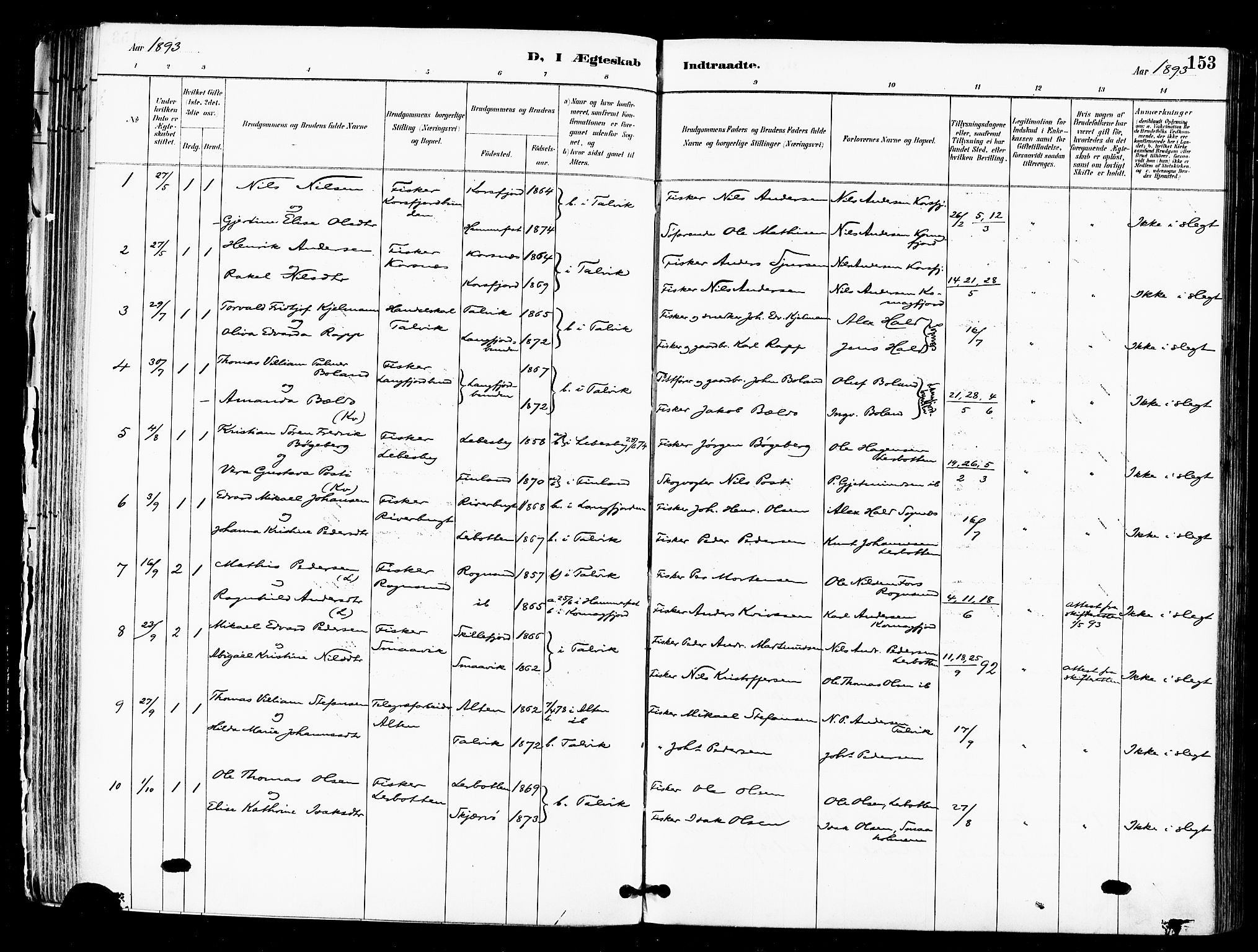Talvik sokneprestkontor, SATØ/S-1337/H/Ha/L0013kirke: Ministerialbok nr. 13, 1886-1897, s. 153