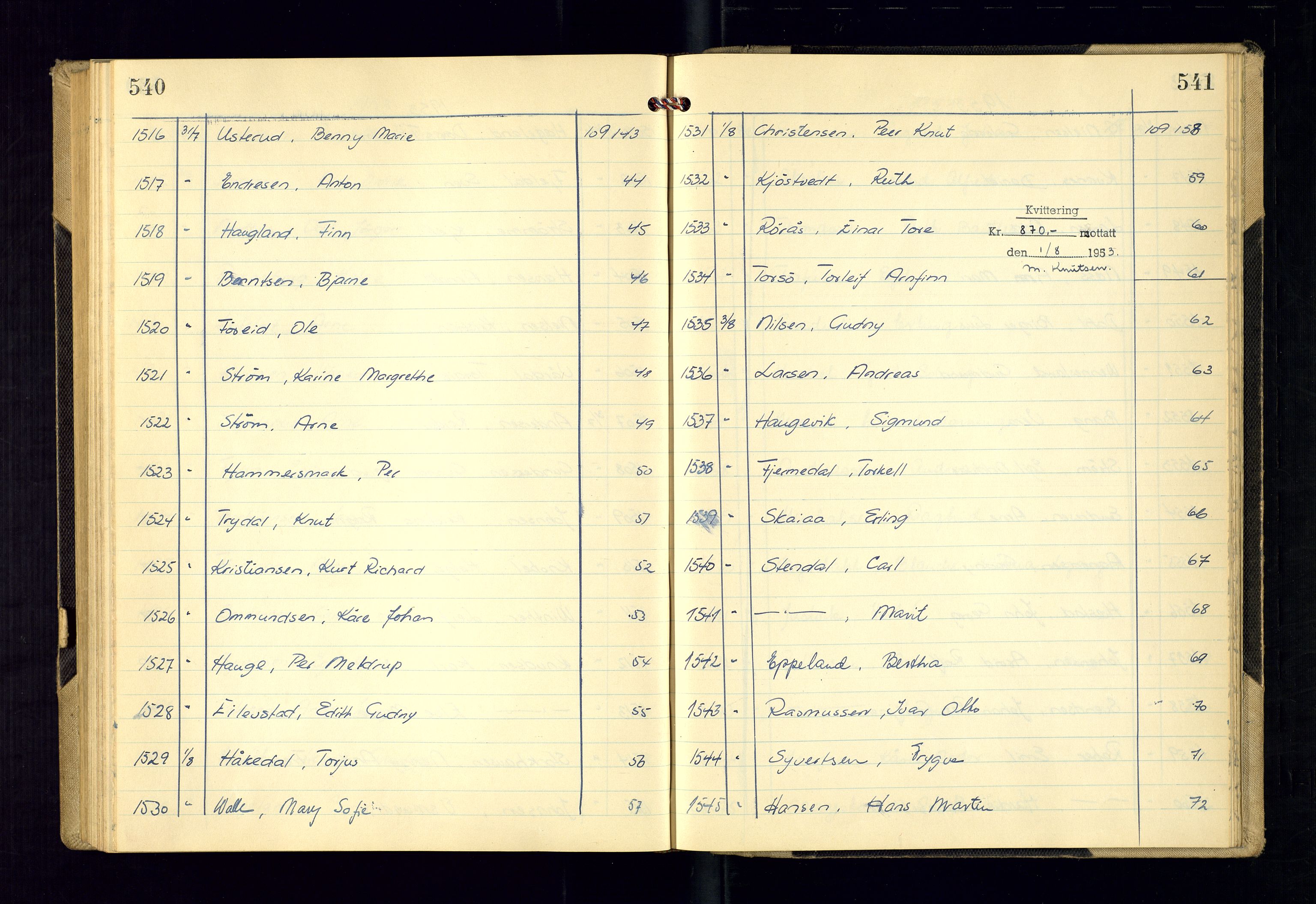 Kristiansand politikammer - 2, AV/SAK-1243-0009/K/Ka/Kaa/L0612: Passprotokoll, liste med løpenumre, 1951-1954, s. 540-541