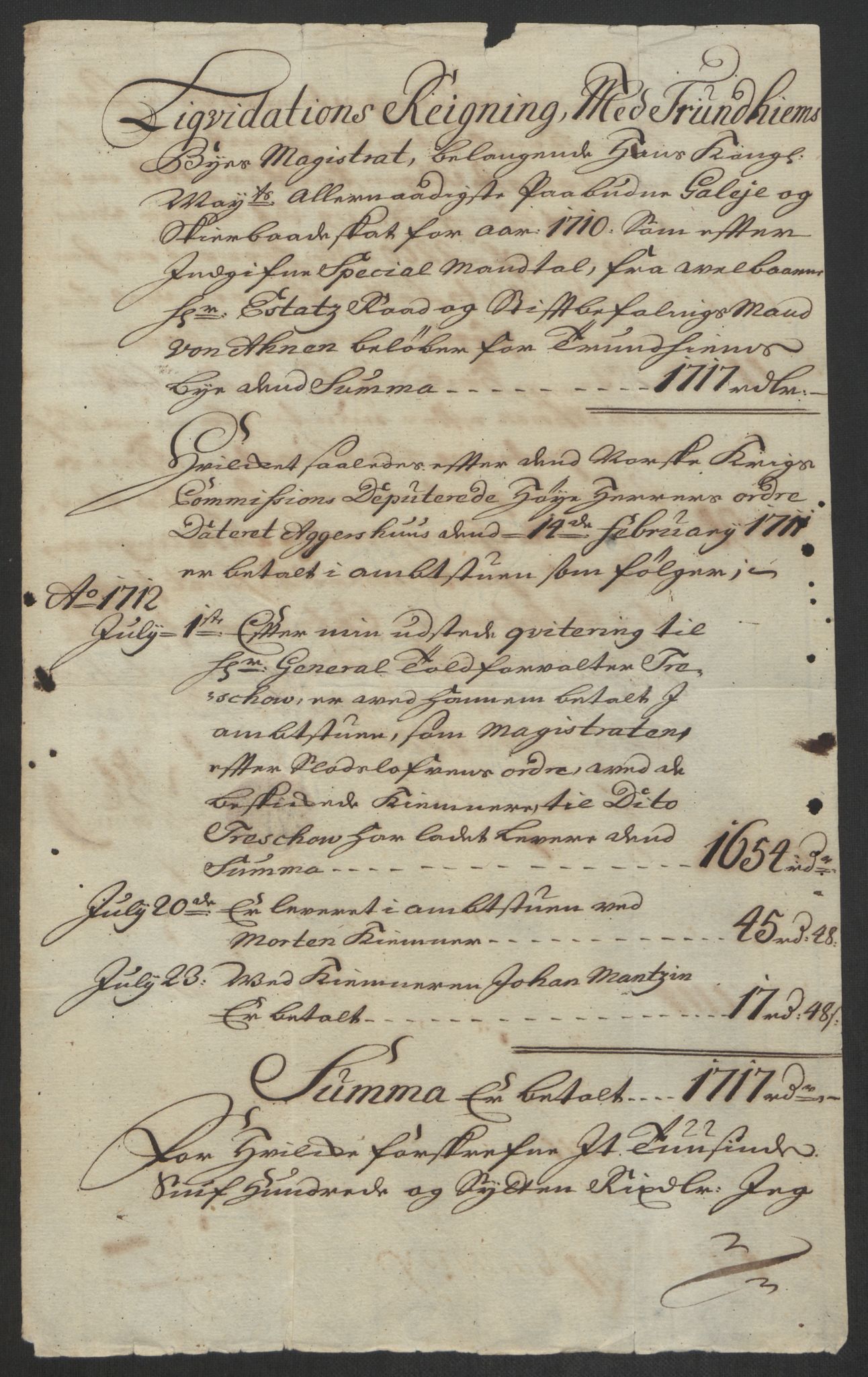 Rentekammeret inntil 1814, Reviderte regnskaper, Byregnskaper, RA/EA-4066/R/Rs/L0507: [S3] Kontribusjonsregnskap, 1699-1711, s. 451