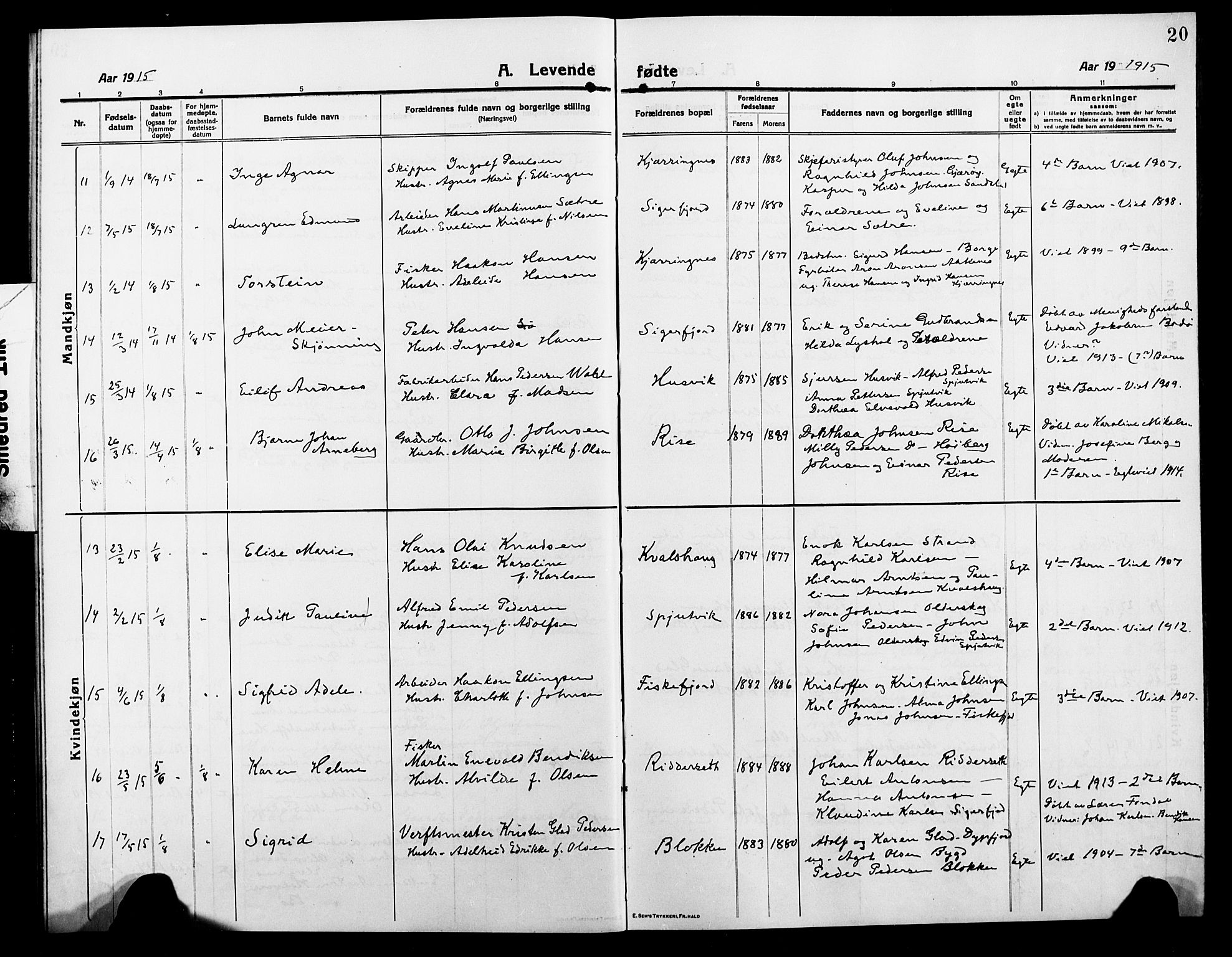 Ministerialprotokoller, klokkerbøker og fødselsregistre - Nordland, AV/SAT-A-1459/895/L1383: Klokkerbok nr. 895C05, 1913-1922, s. 20