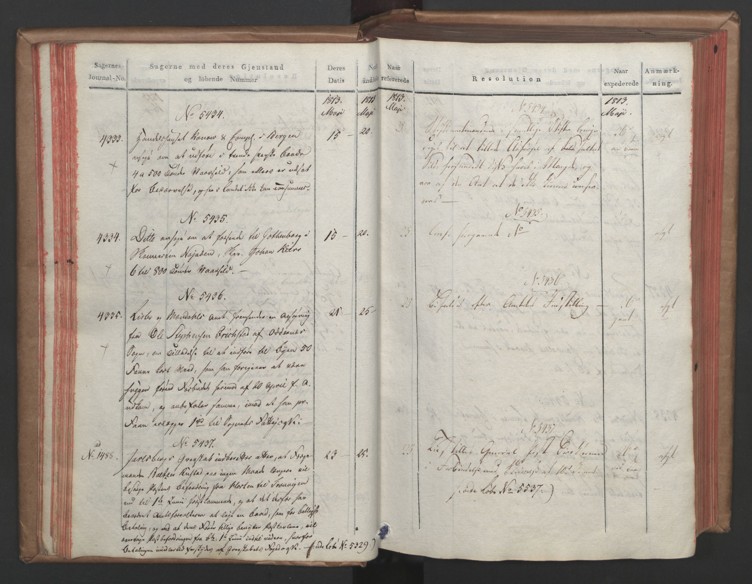 Stattholderembetet 1810-1814, 1. kontor (Kontor A), AV/RA-EA-2872/Ab/L0006: Referatprotokoll,  j.nr. 4244-5022,  l.nr. 5322-6289, 1813, s. 38