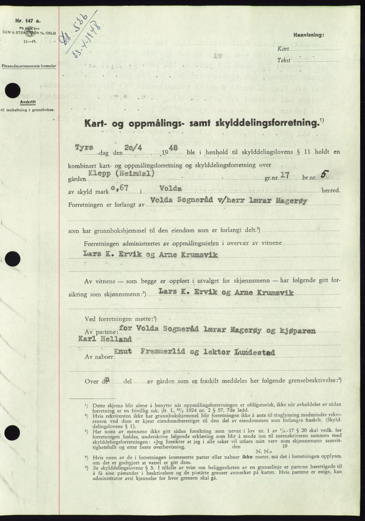 Søre Sunnmøre sorenskriveri, SAT/A-4122/1/2/2C/L0082: Pantebok nr. 8A, 1948-1948, Dagboknr: 526/1948