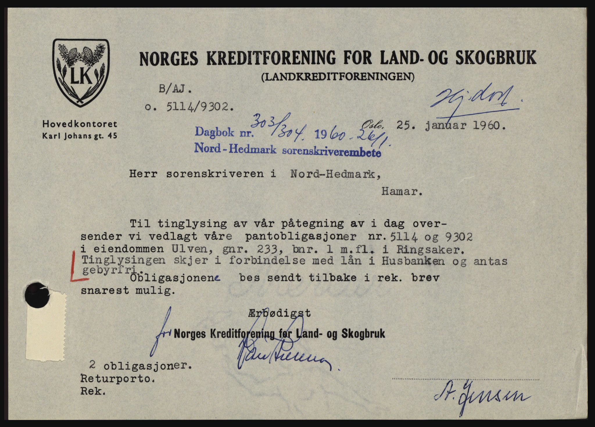 Nord-Hedmark sorenskriveri, SAH/TING-012/H/Hc/L0013: Pantebok nr. 13, 1959-1960, Dagboknr: 303/1960