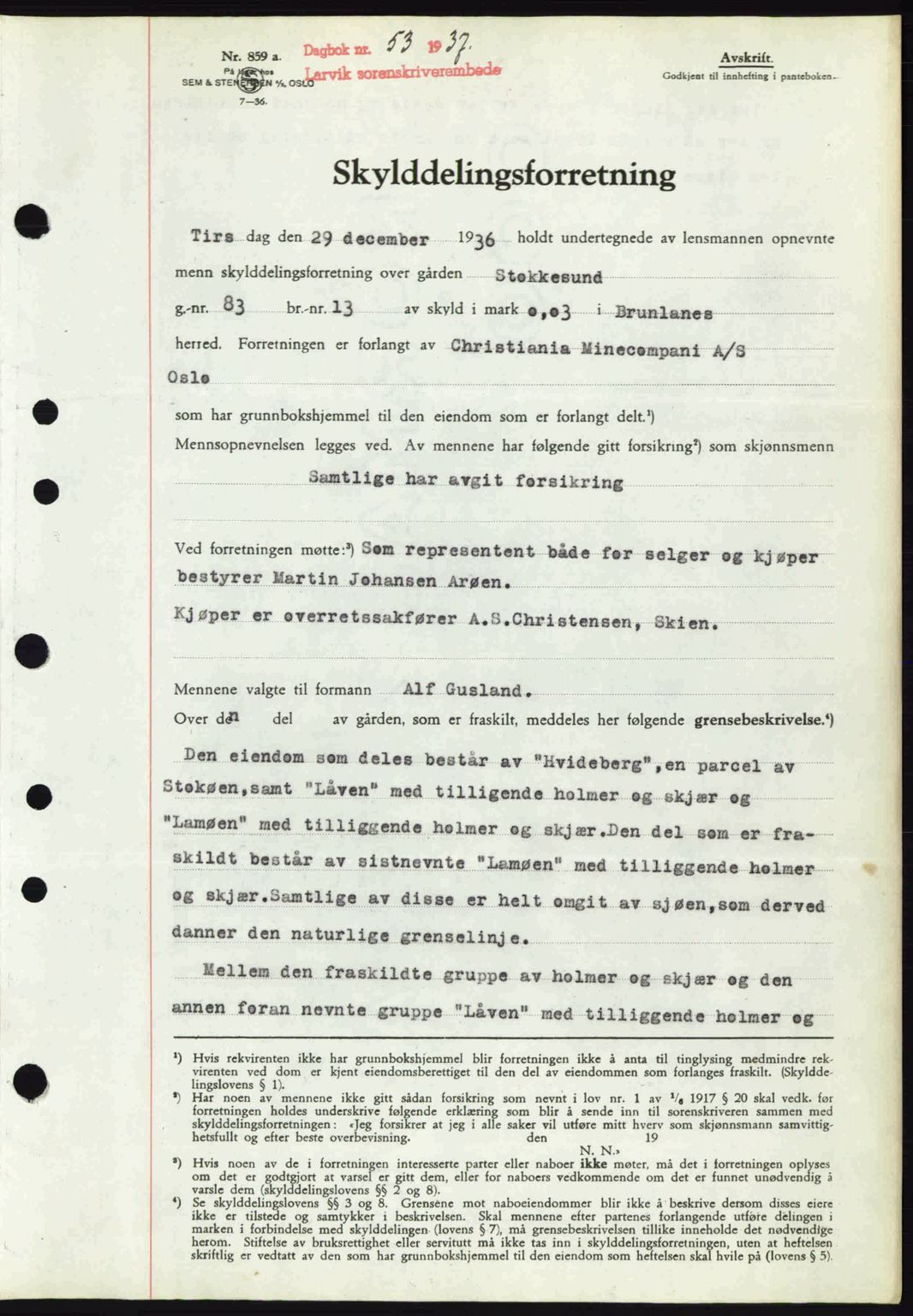 Larvik sorenskriveri, SAKO/A-83/G/Ga/Gab/L0067: Pantebok nr. A-1, 1936-1937, Dagboknr: 53/1937