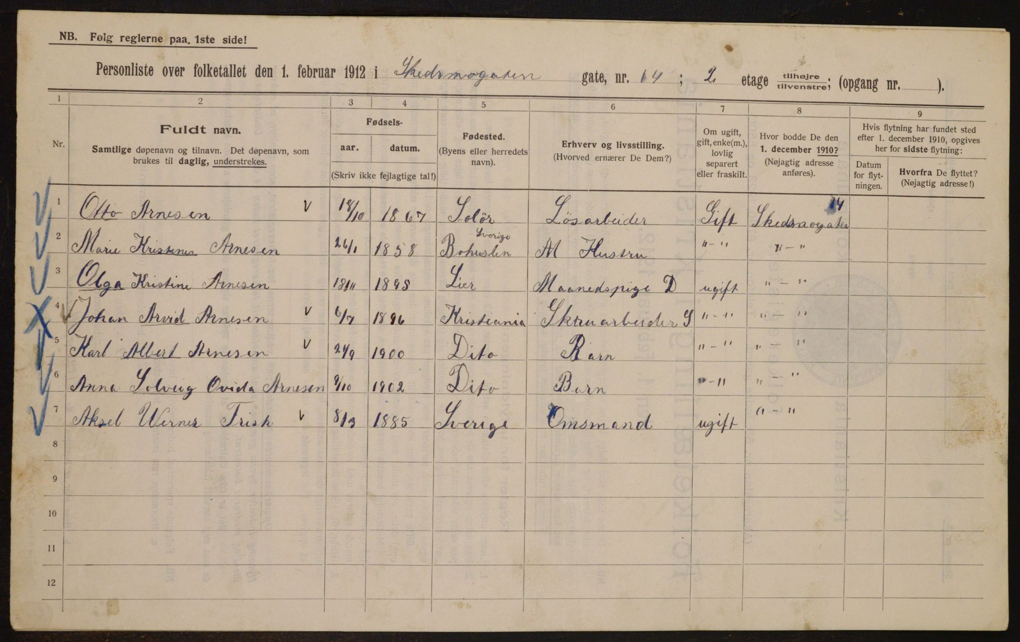 OBA, Kommunal folketelling 1.2.1912 for Kristiania, 1912, s. 95687