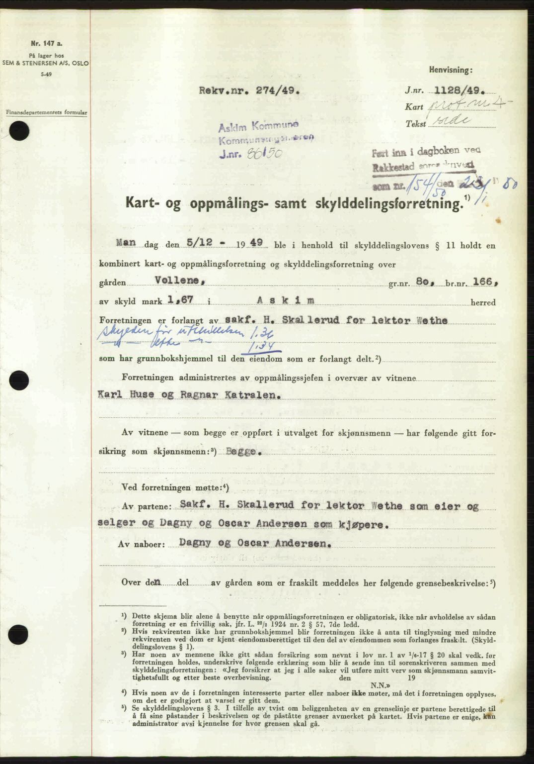 Rakkestad sorenskriveri, SAO/A-10686/G/Gb/Gba/Gbab/L0019: Pantebok nr. A19, 1949-1950, Dagboknr: 154/1950